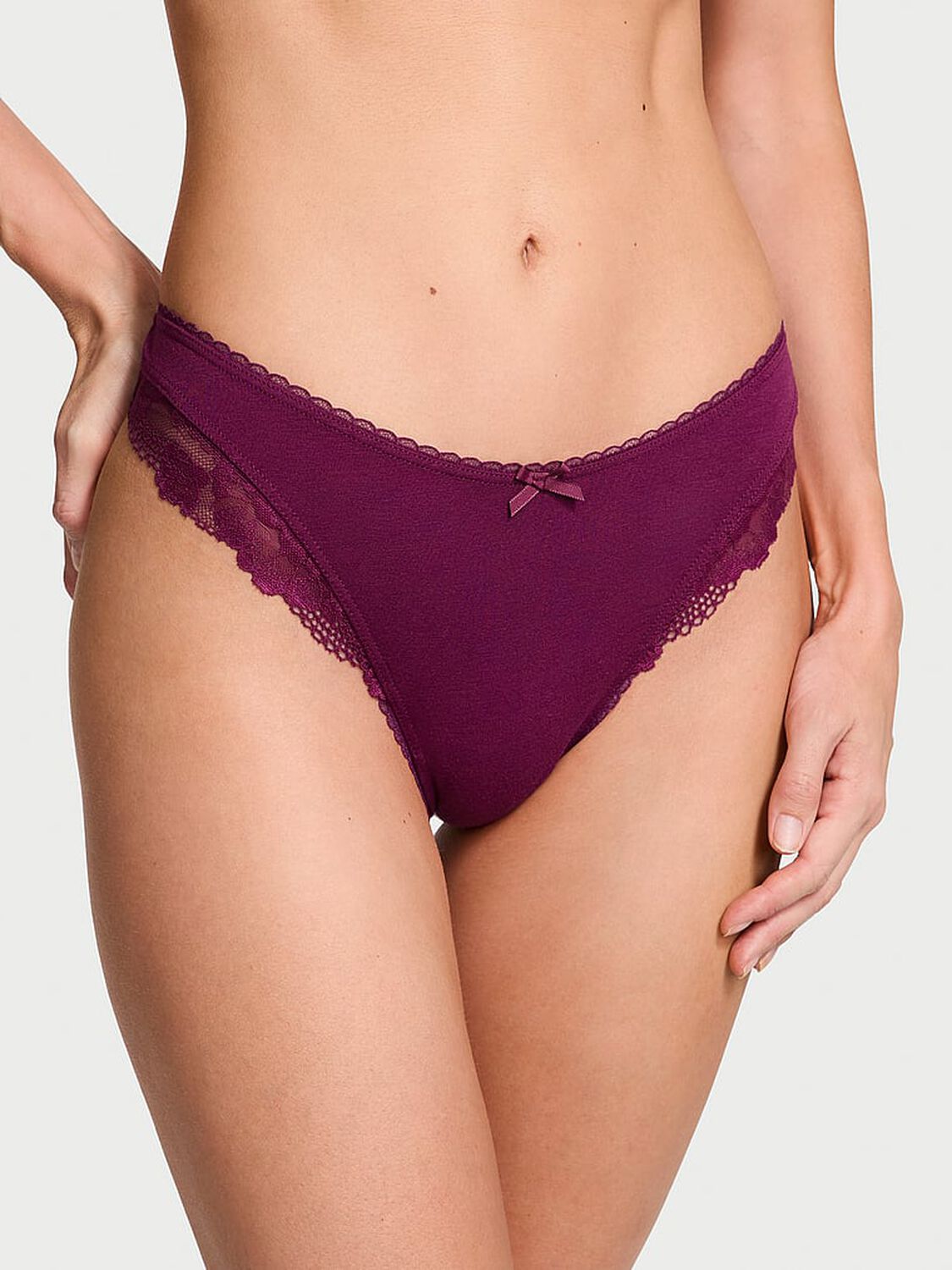 vs Victoria's Secret Body by Victoria Stretch Cotton Lace-Trim High-Leg Scoop Thong Panty Plum Rouge 3 of 3 