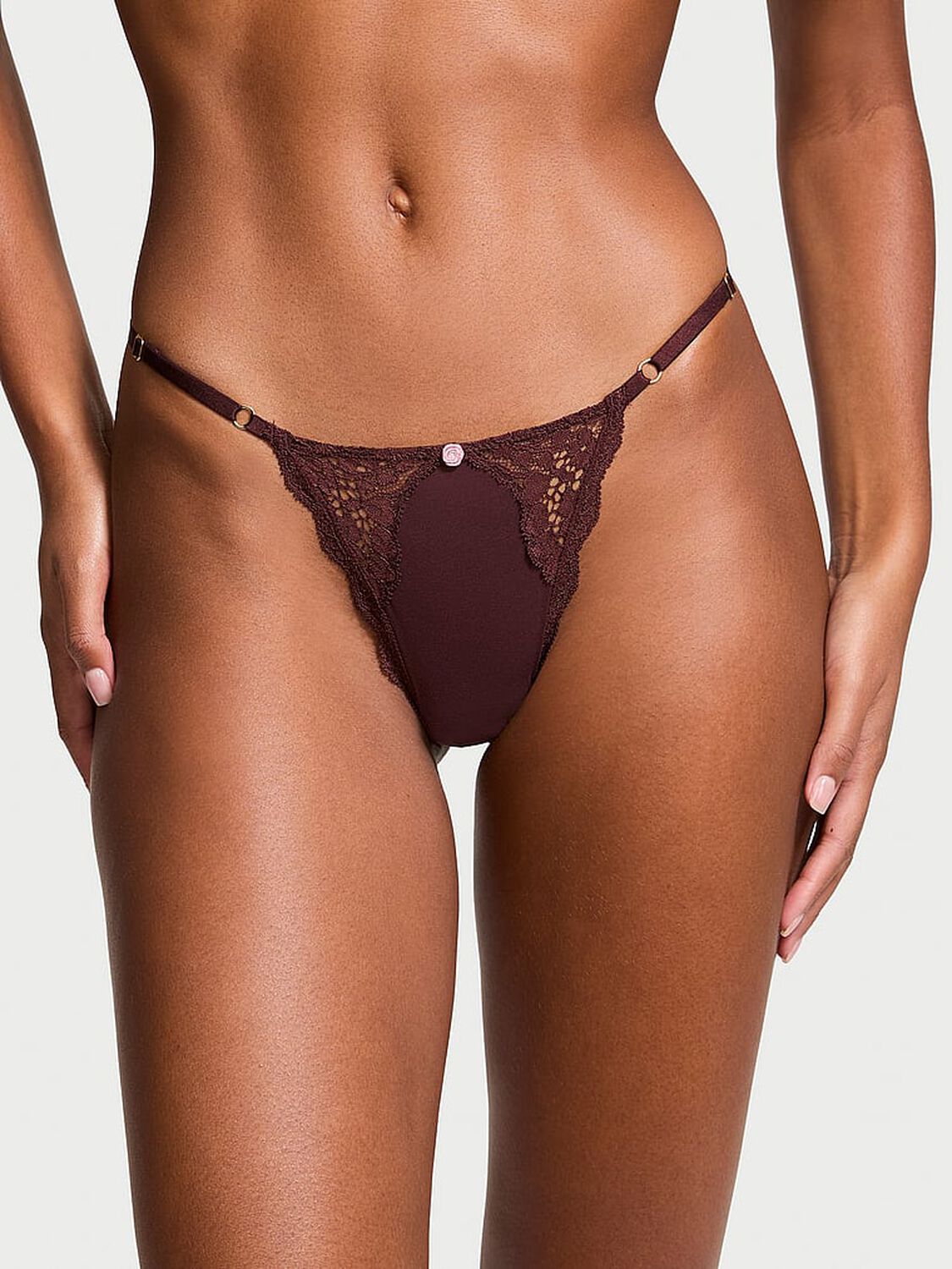 vs Dream Angels Lace-Trim Adjustable V-String Panty Burgundy Brown 1 of 4 