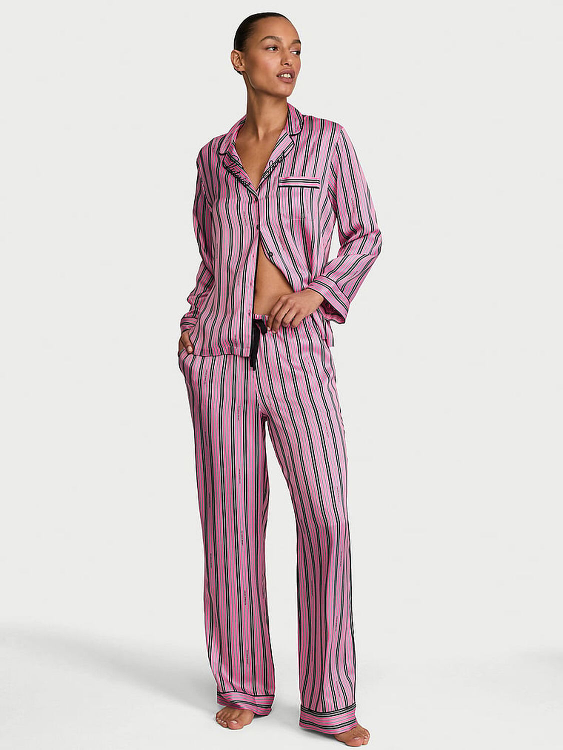 vs Victoria's Secret Signature Satin Long Pajama Set Vintage Stripe 1 of 3 