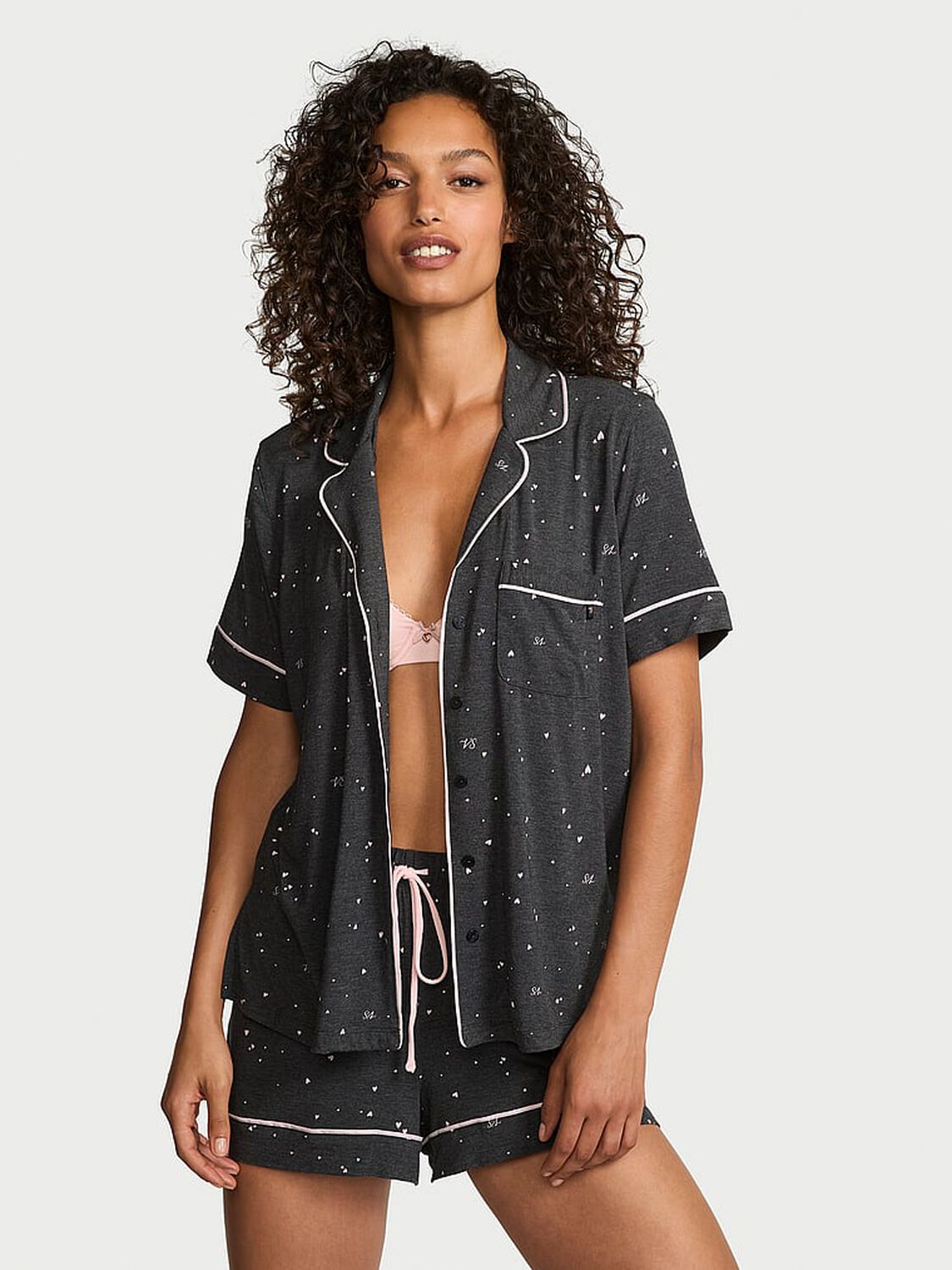 vs Victoria's Secret Modal Soft Short Pajama Set Vs Charcoal Htr Grey/Purest Pink W/ Hearts 3 of 3 