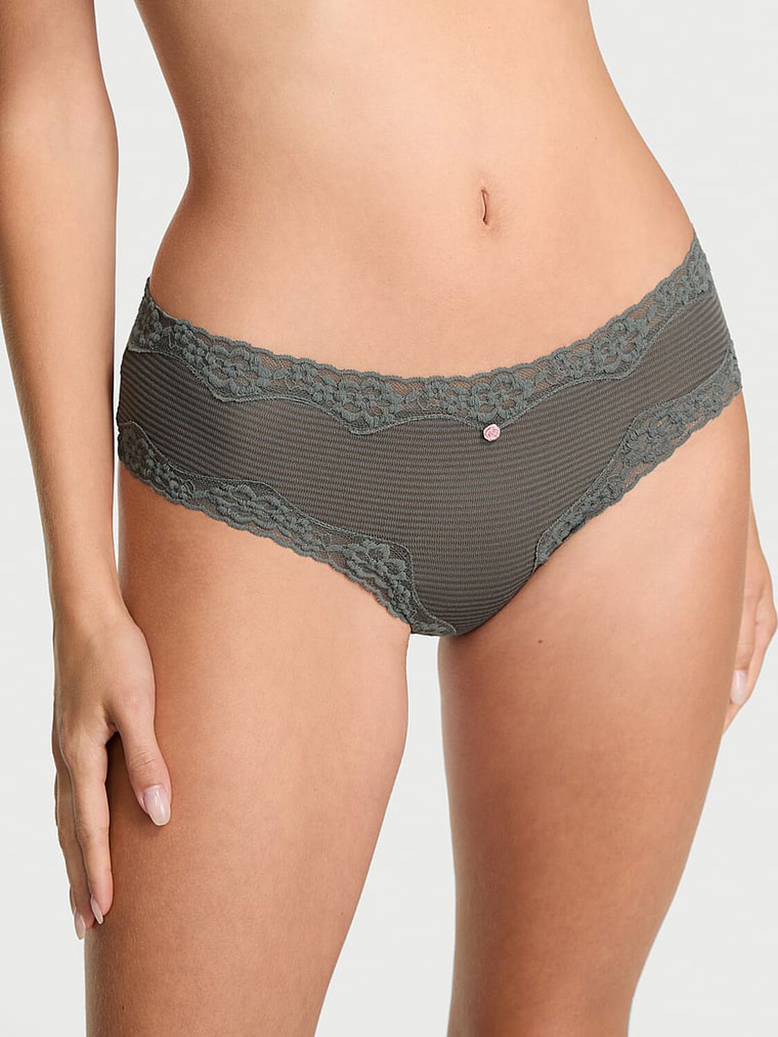 vs The Lacie Cotton Shadow Stripe Lace-Waist Cheeky Panty Expedition Green 1 of 3 