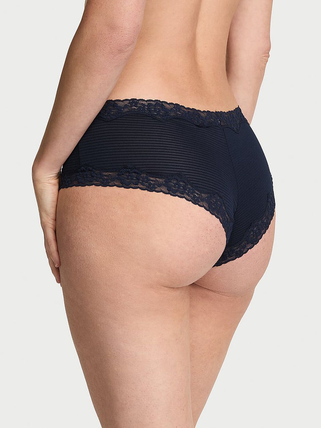 vs Lace Trim Cotton Shadow Stripe Lace-Waist Cheeky Panty Noir Navy 2 of 2 