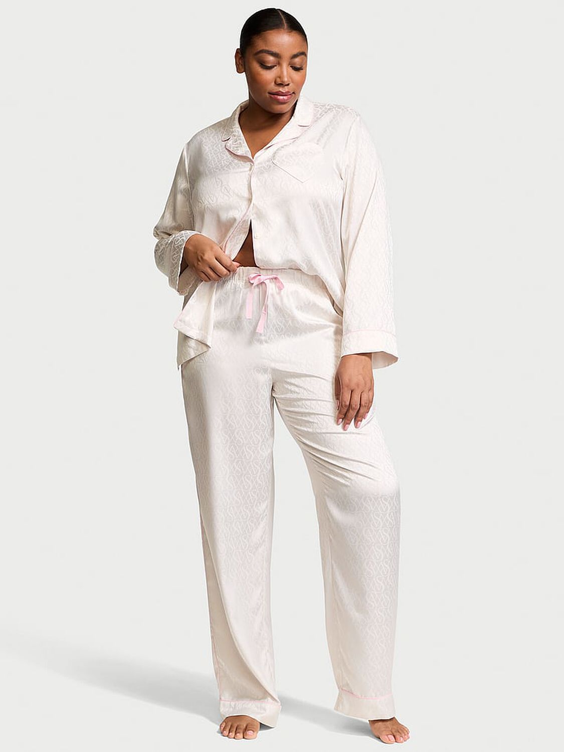 vs Victoria's Secret Glazed Satin Long Pajama Set Coconut White 1 of 4 