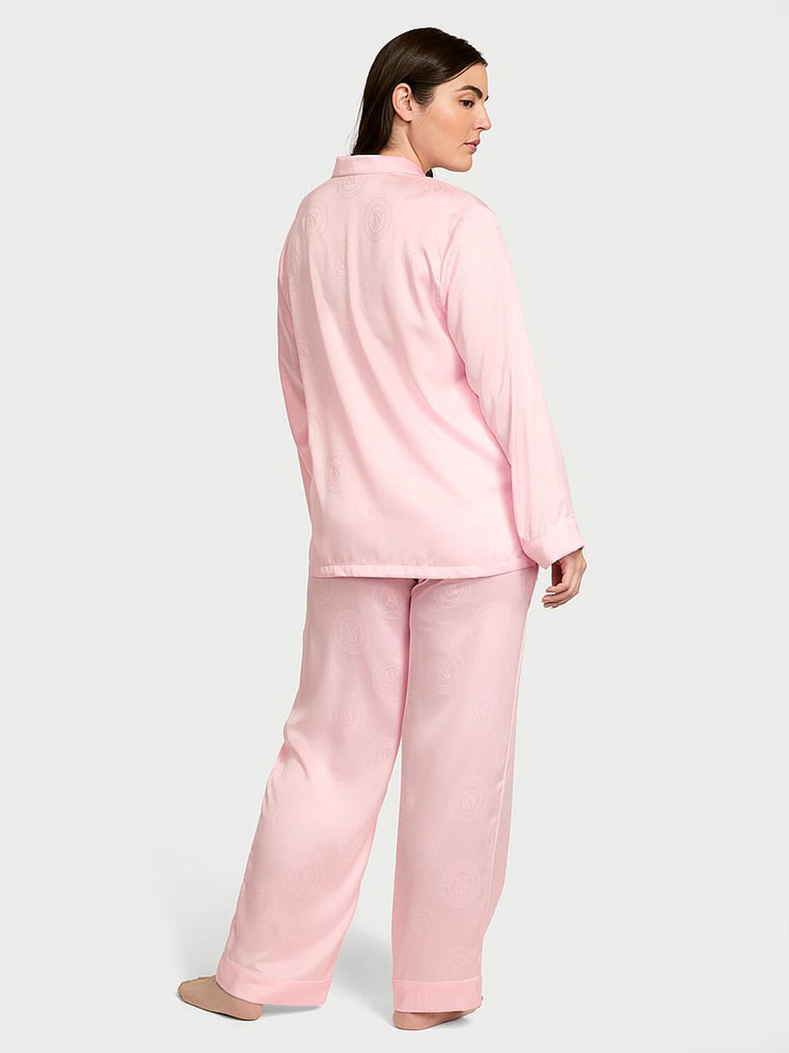 vs Victoria's Secret Glazed Satin Long Pajama Set Angel Pink Crest Jacquard 2 of 3 