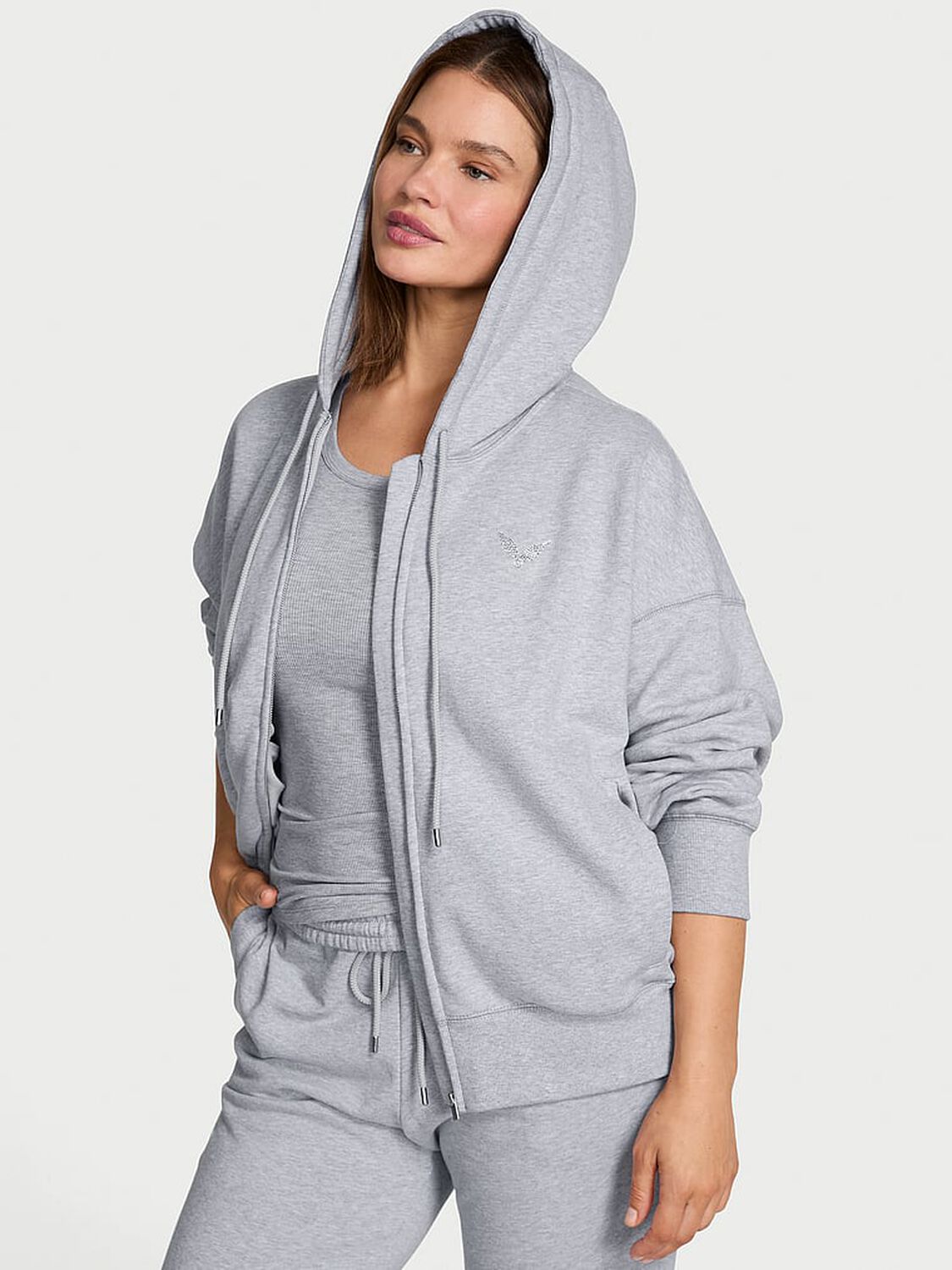 vs Angel Essentials Classic Fleece Full-Zip Hoodie Medium Heather Grey 1 of 2 