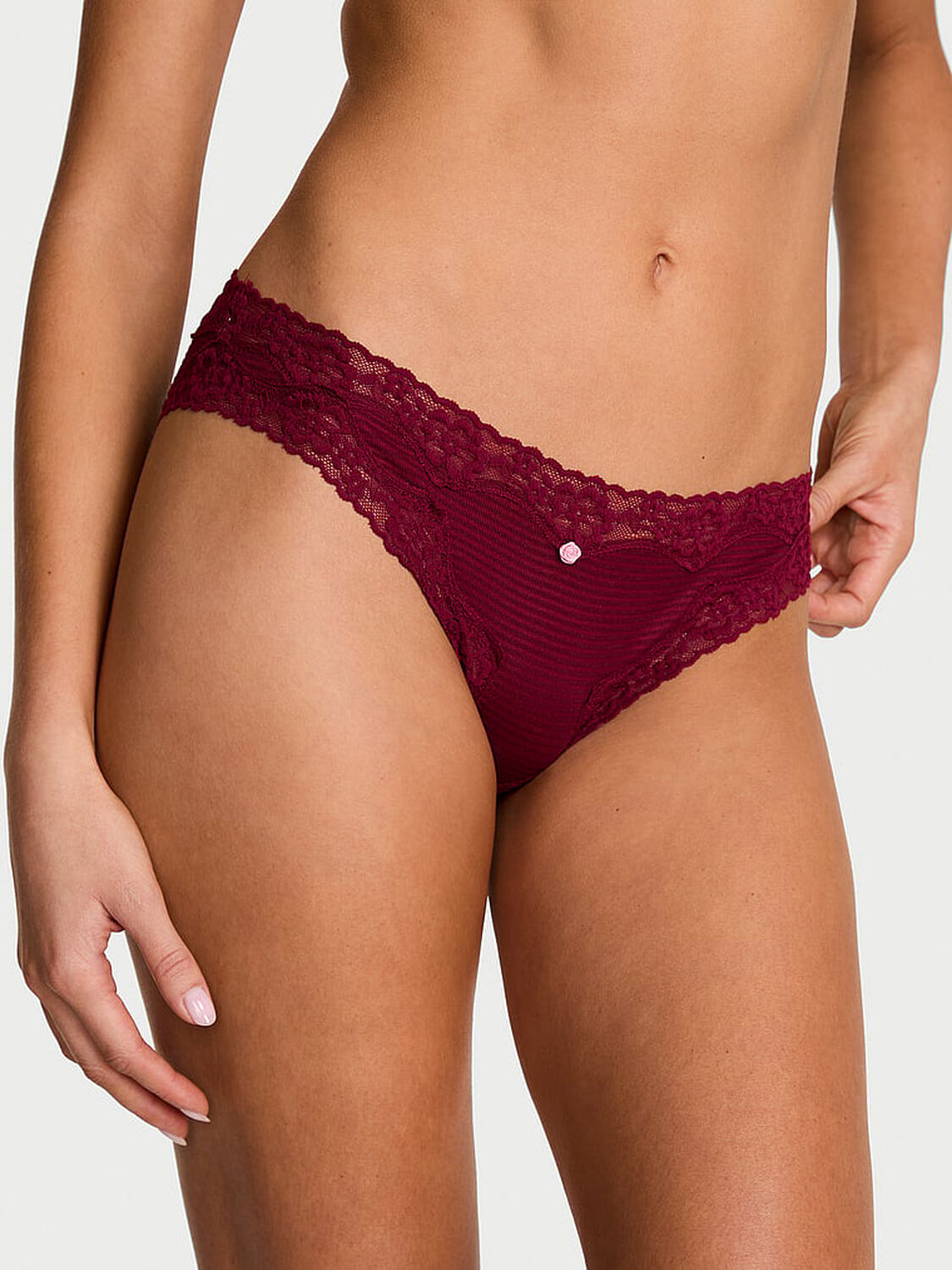 vs Lace Trim Cotton Shadow Stripe Lace-Waist Bikini Panty Sangria Red 1 of 2 