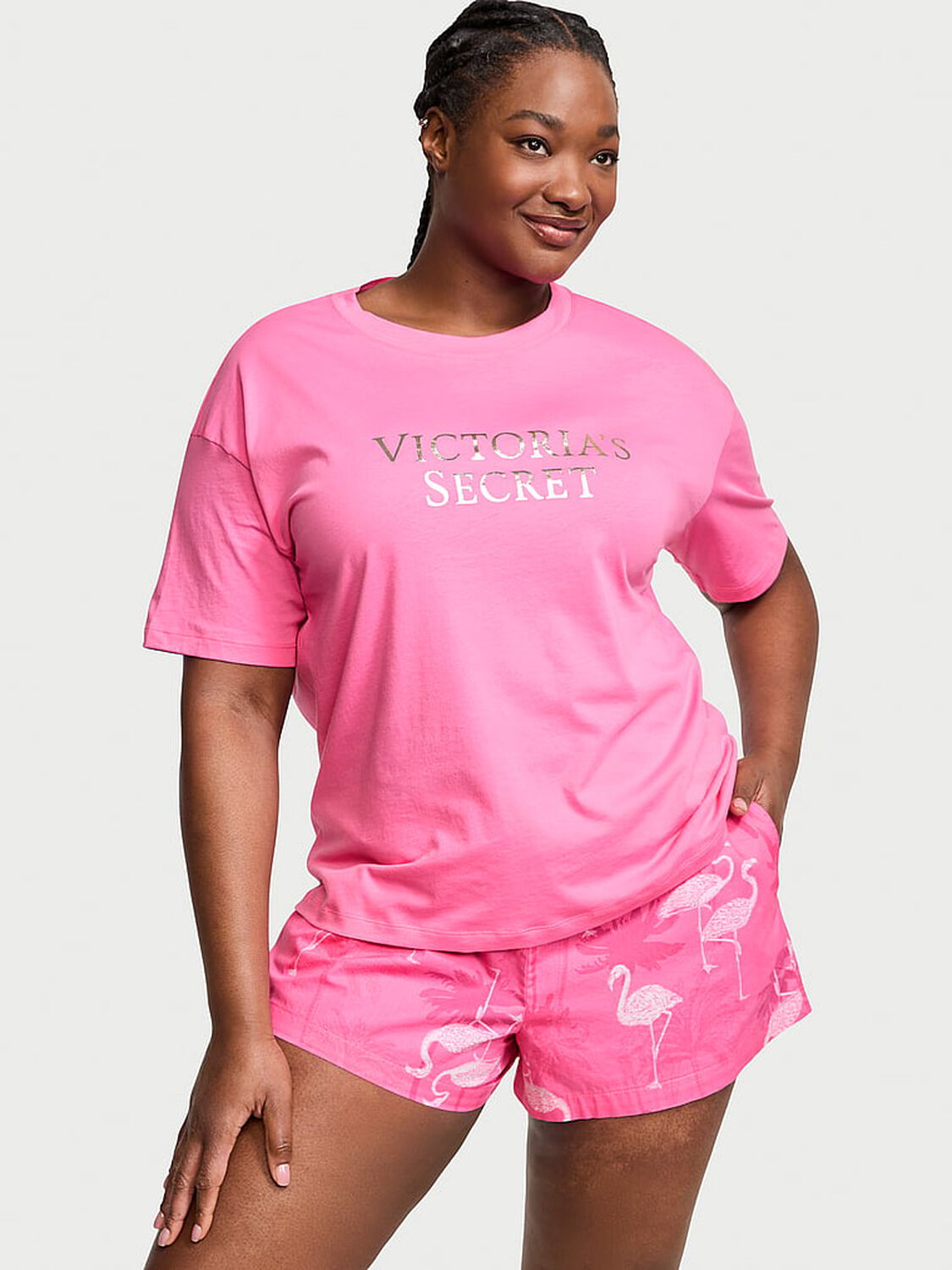 vs Victoria's Secret Cotton Short Tee-Jama Set Hollywood Pink Flamingos 1 of 4 