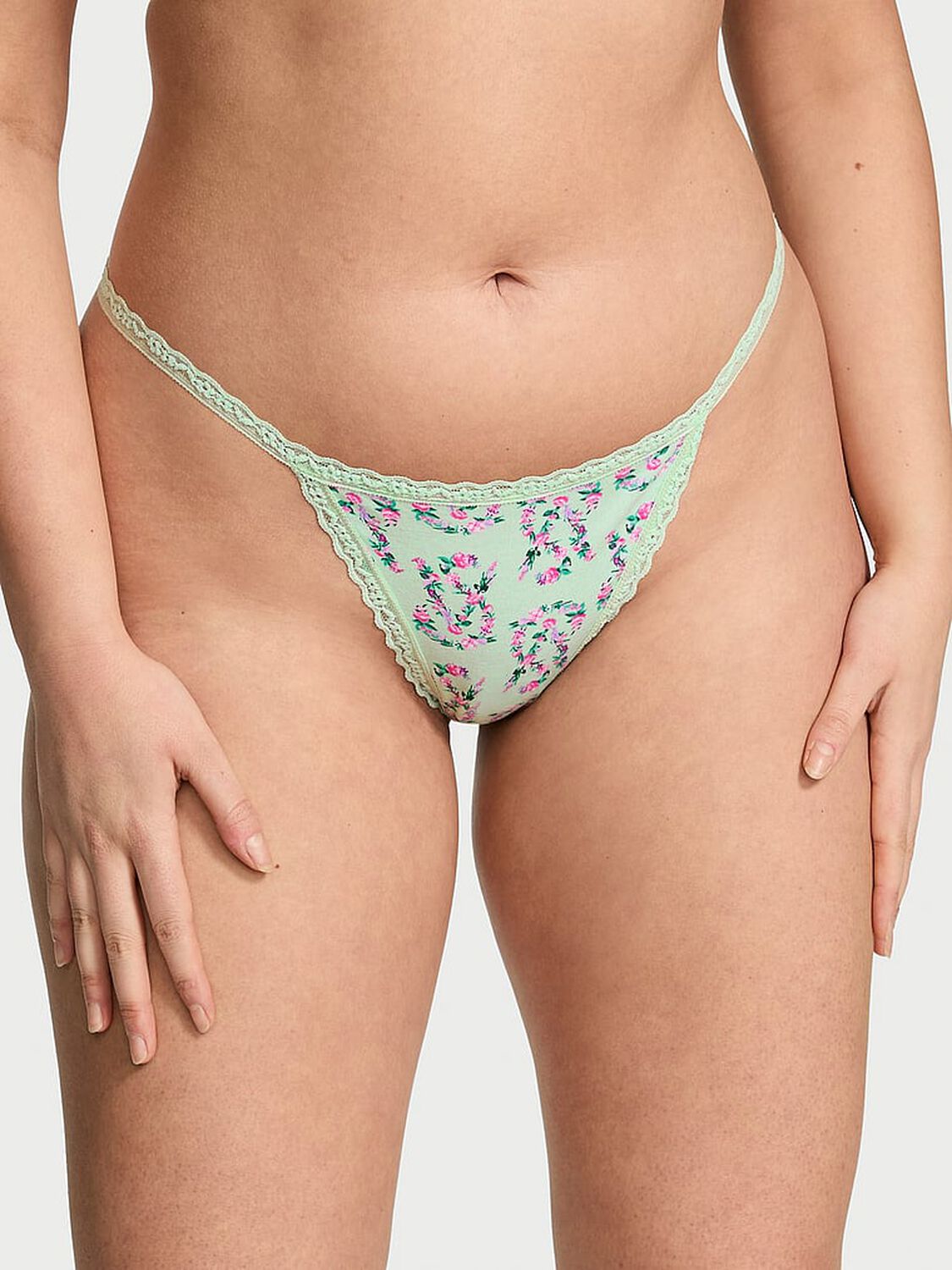 vs The Lacie Lace-Trim Cotton V-String Panty Pretty Mint Floral Logo 1 of 3 