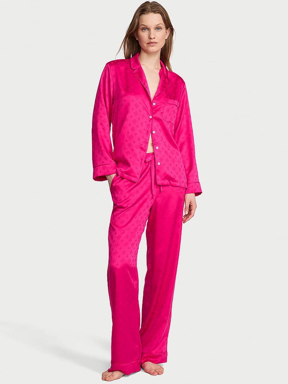 vs Victoria's Secret Signature Satin Long Pajama Set Pop Pink 1 of 2 