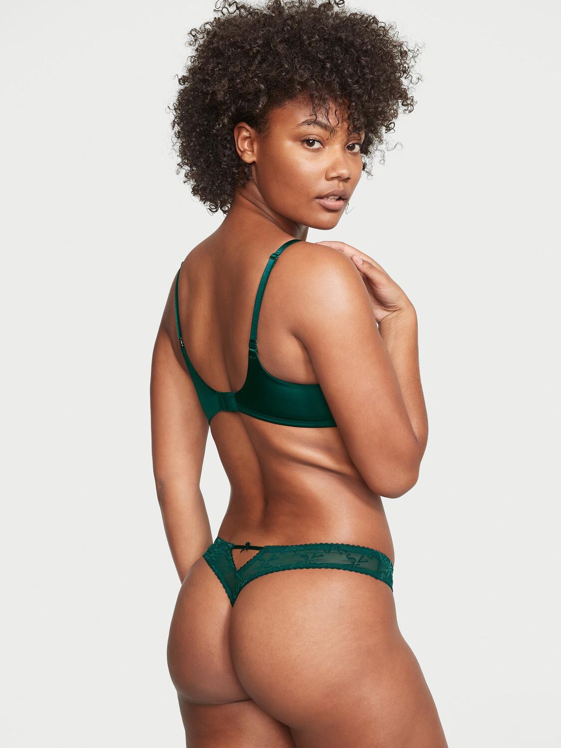 vs Victoria's Secret Flocked Logo Mesh Thong Panty Deepest Green 2 of 3 