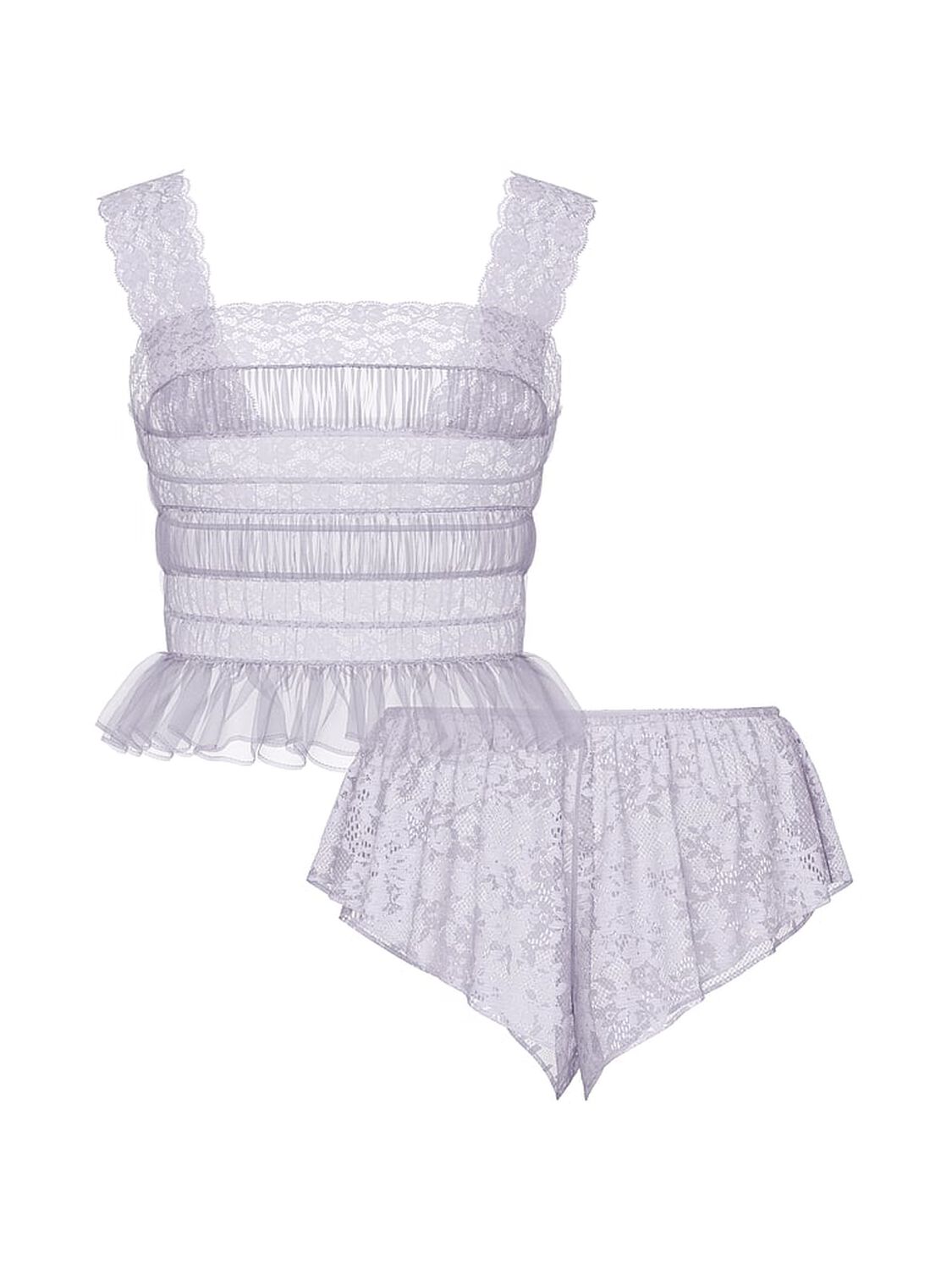 vs Victoria's Secret Dare to Dream Lace Sheer Cami & Flutter Short Set Feather Lilac 3 of 3 