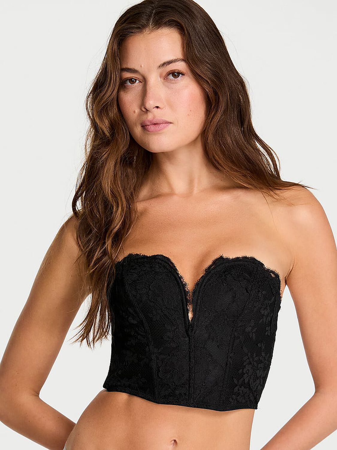 vs Dream Angels Dare to Dream Lace Deep-V Cropped Corset Top Black 1 of 4 