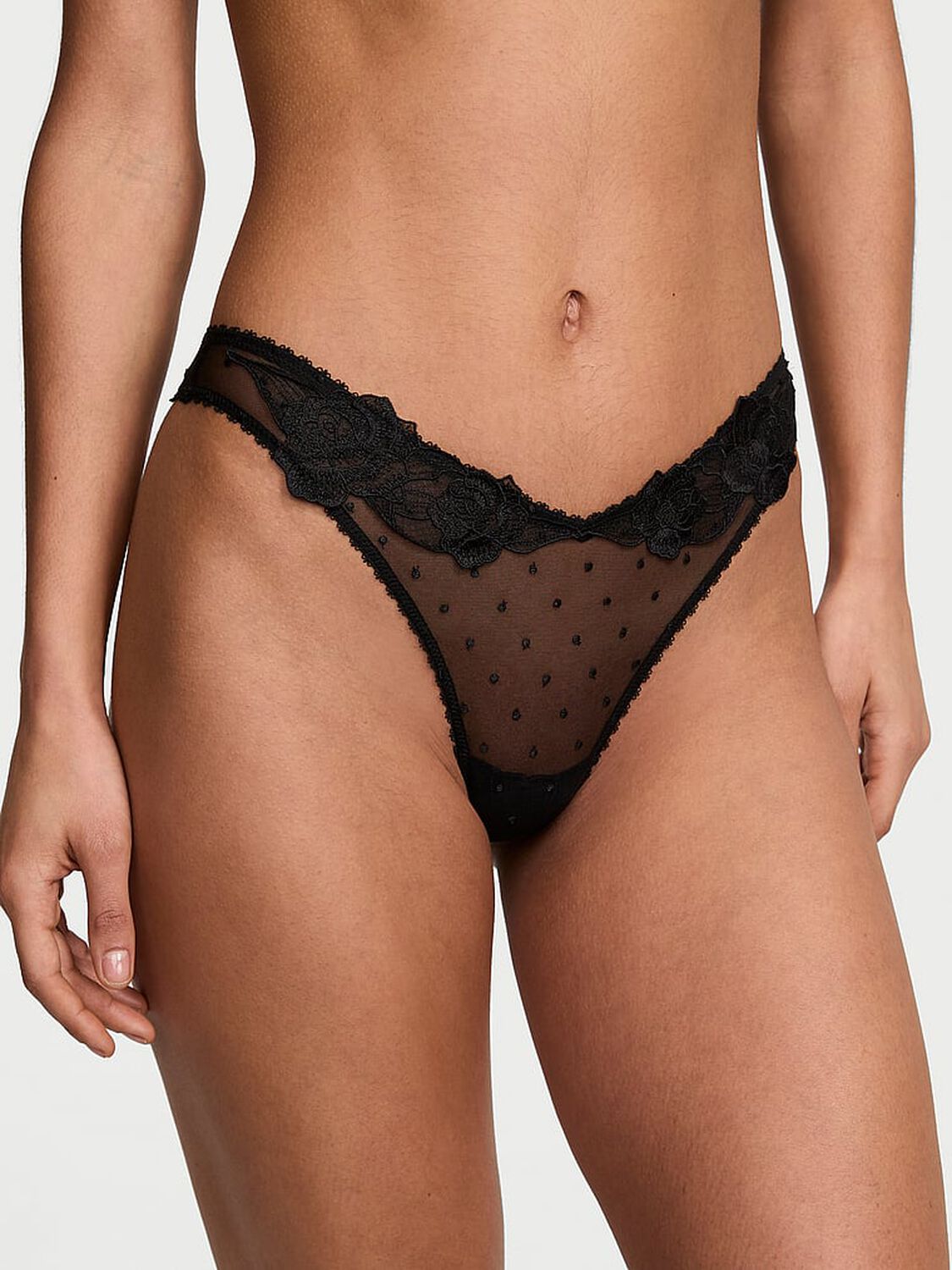 vs Very Sexy Sheer Rose High-Leg Thong Panty Black 1 of 3 