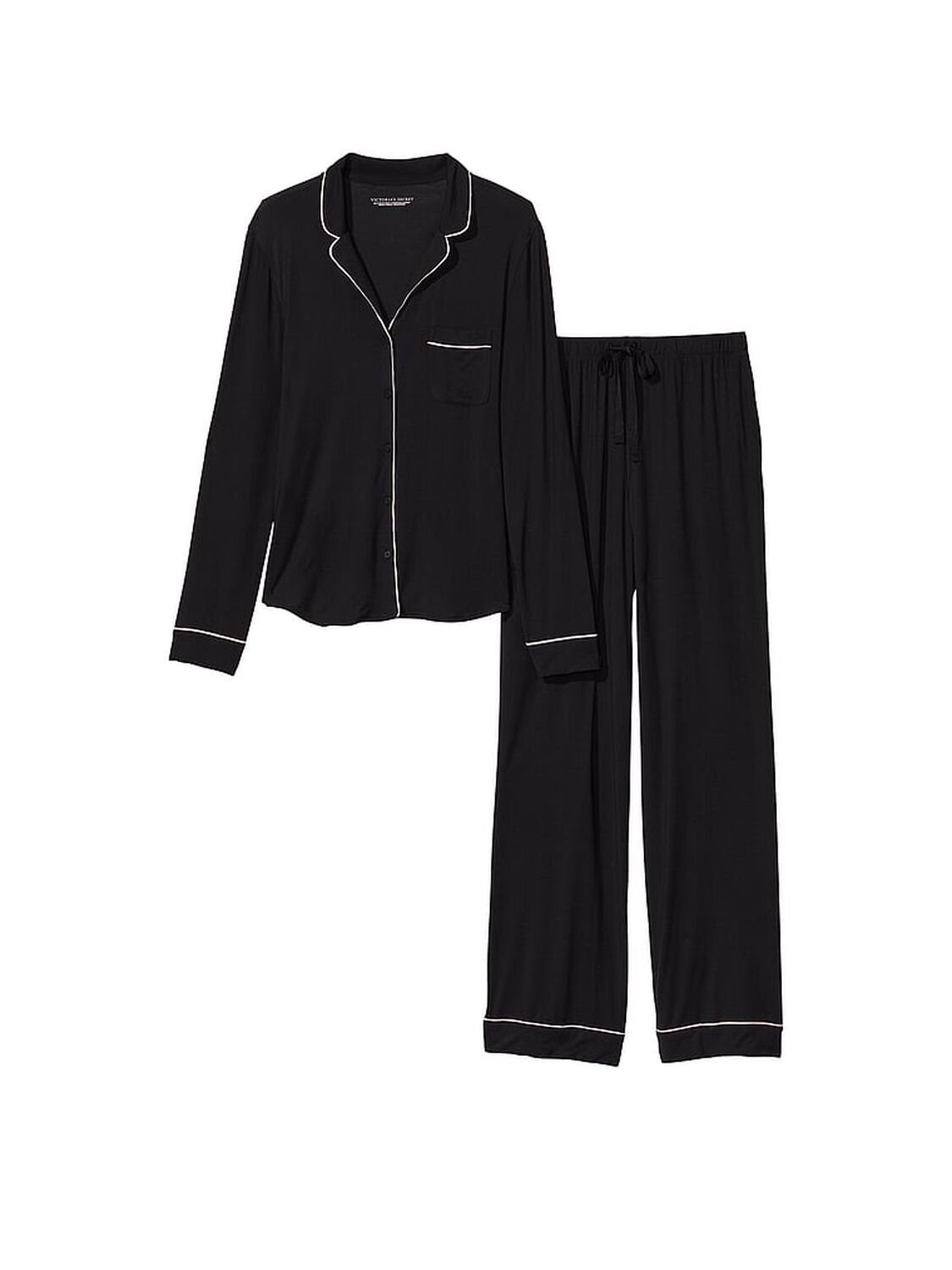 vs Victoria's Secret Modal Long Pajama Set Black W Angel Pink Piping 3 of 5 