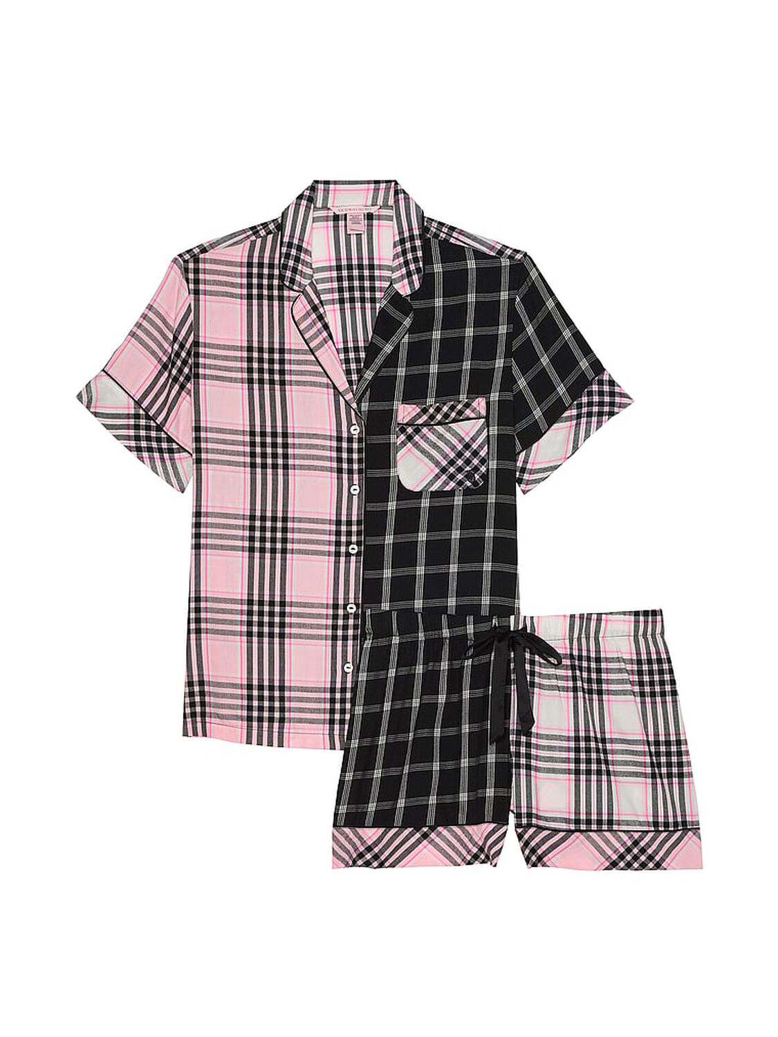 vs Victoria's Secret Flannel Short Pajama Set Pink & Black Plaid 3 of 4 