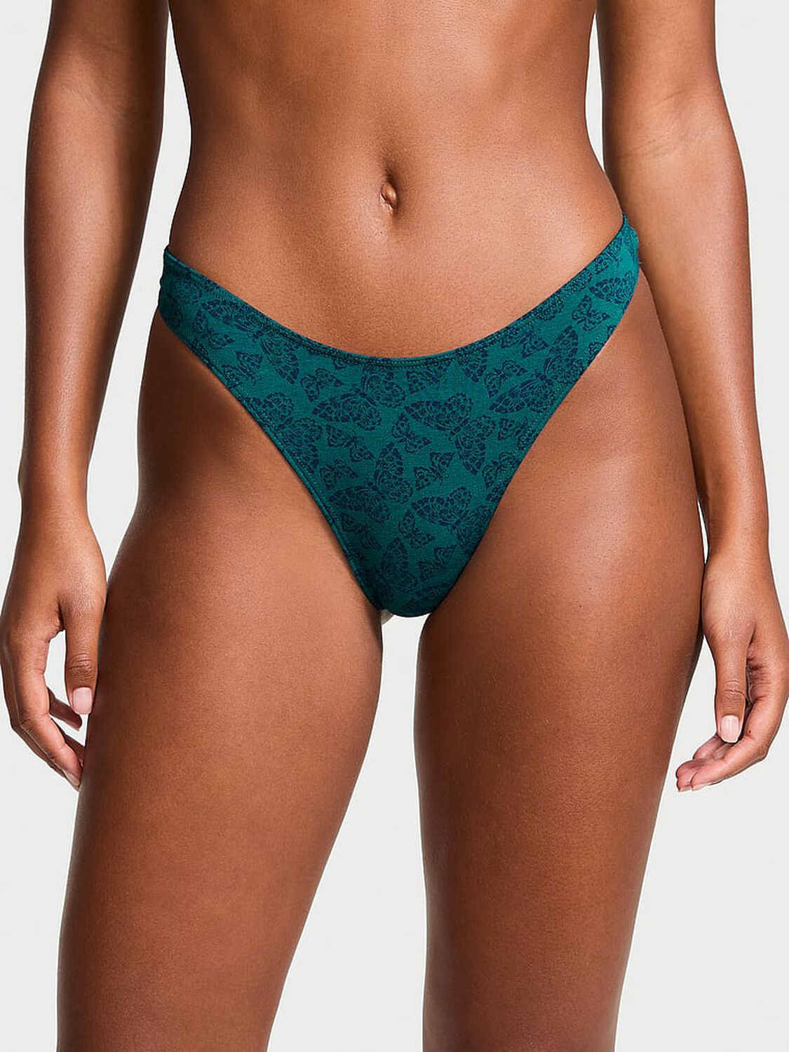 vs Victoria's Secret Stretch Cotton High-Leg Scoop Thong Panty Stormy Teal Butterflies 1 of 3 