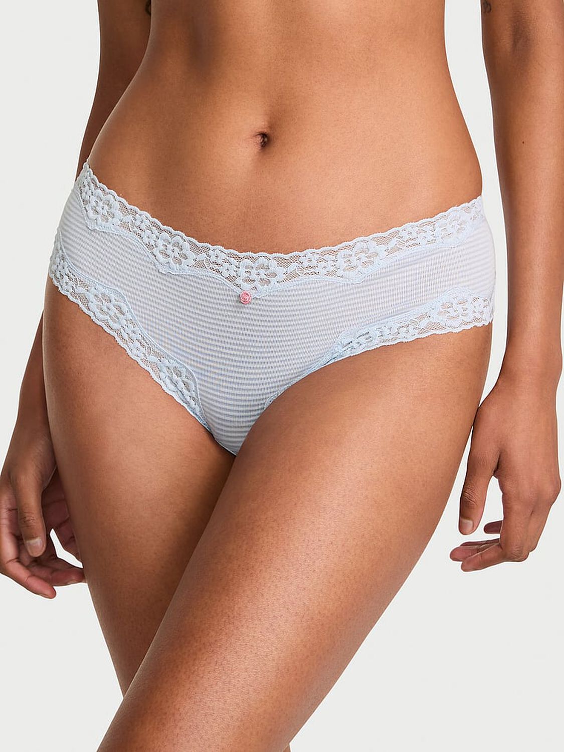 vs Lace Trim Cotton Shadow Stripe Lace-Waist Cheeky Panty Palest Blue 1 of 3 