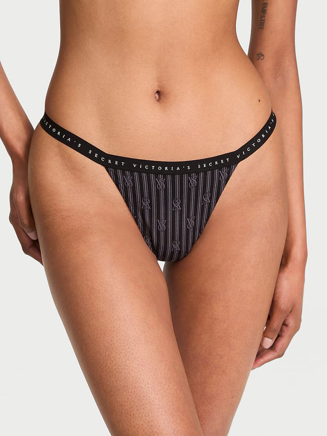 vs Victoria's Secret Stretch Cotton V-String Panty Black Logo Stripes 1 of 3 