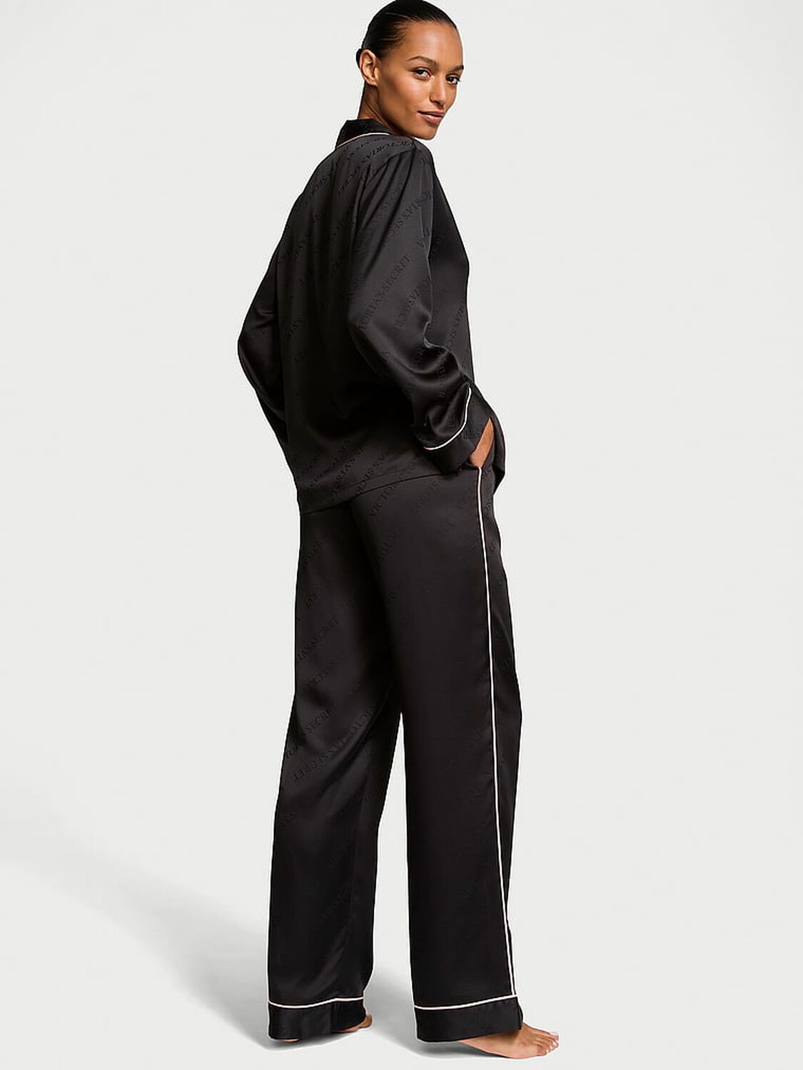 vs Victoria's Secret Glazed Satin Long Pajama Set Black 2 of 3 