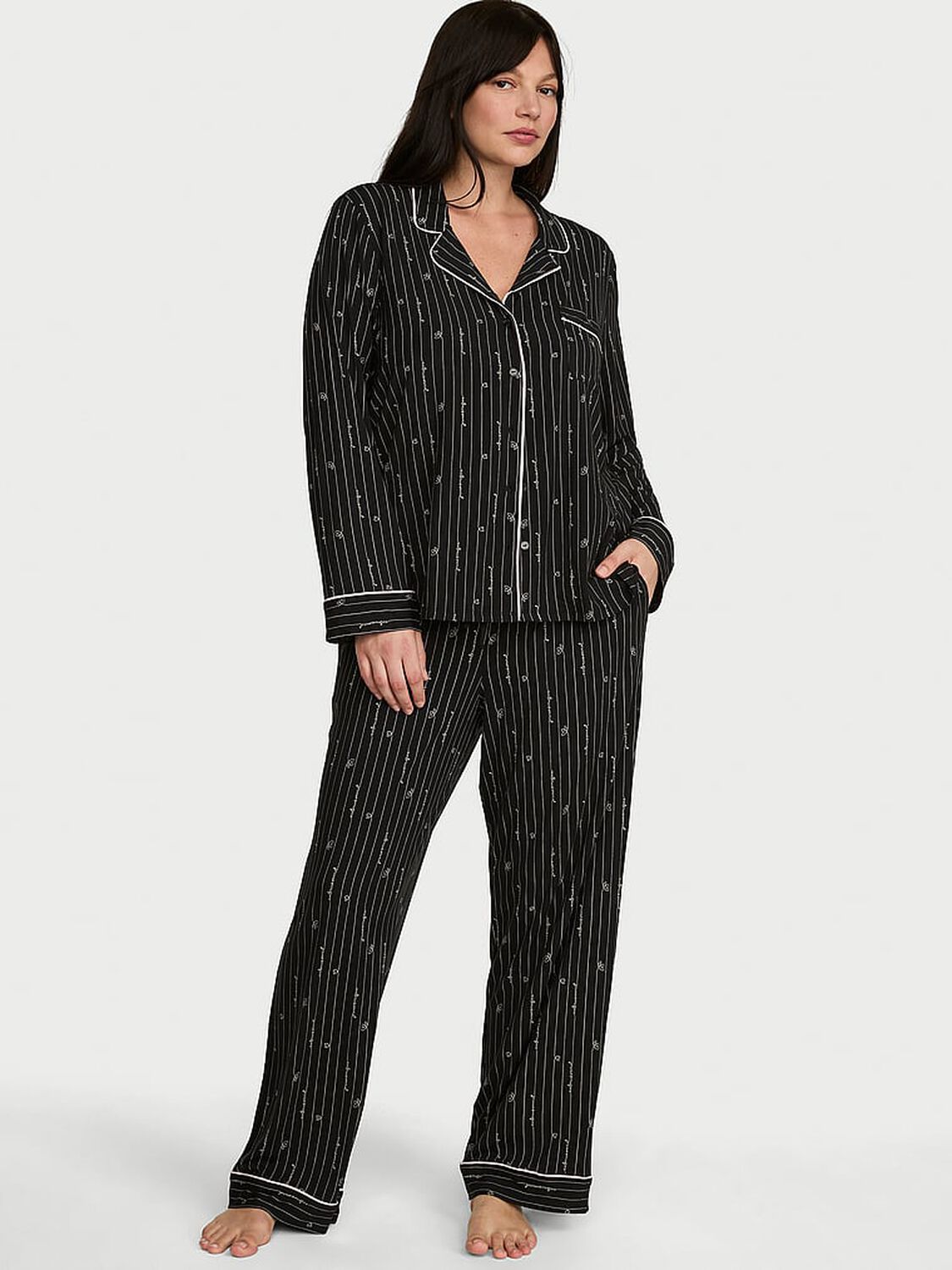 vs Victoria's Secret SoSoft&trade; Modal Long Pajama Set Black Heart Stripes 1 of 3 