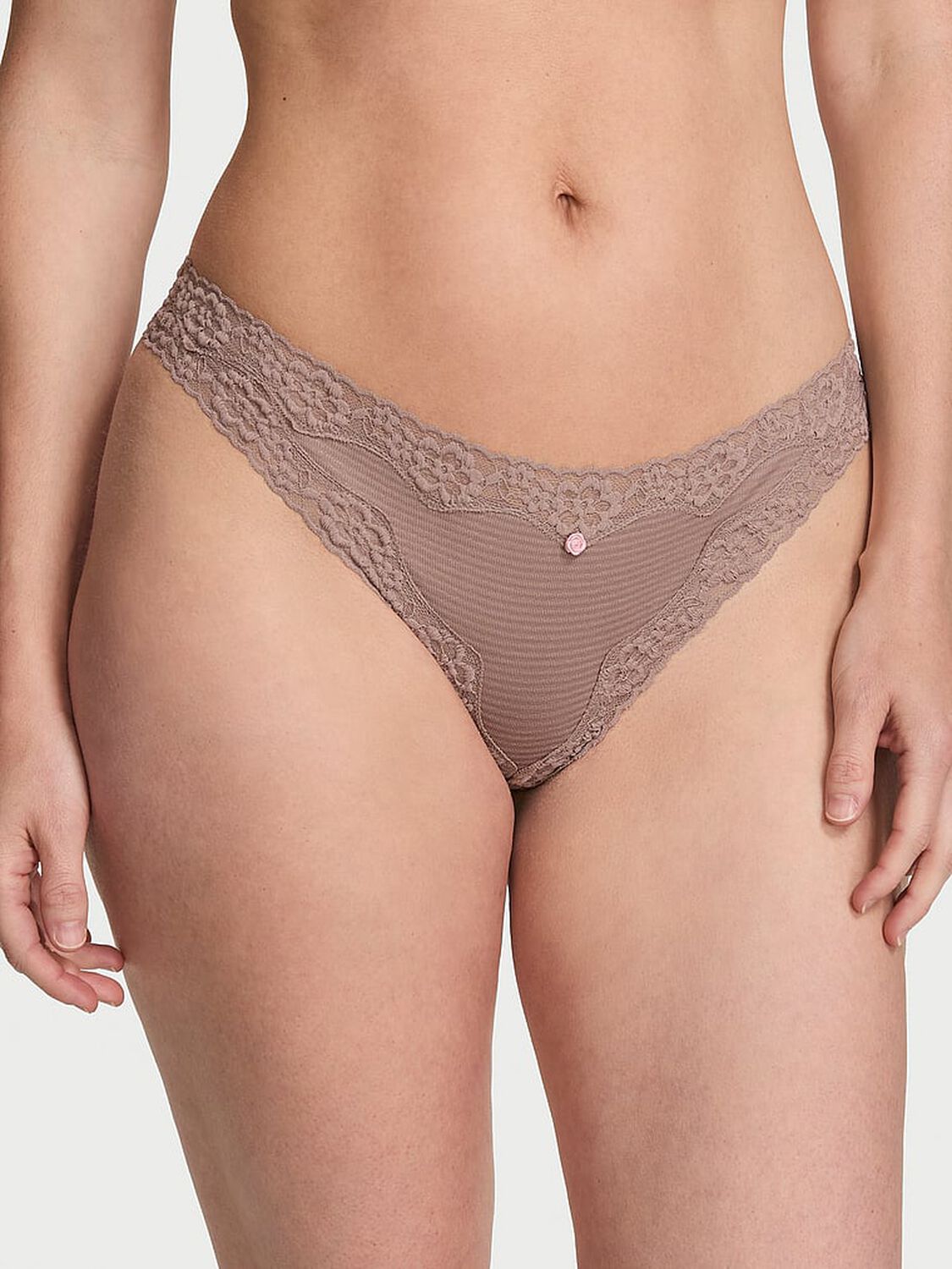 vs Lace Trim Cotton Shadow Stripe Lace-Waist Thong Panty Iced Coffee 1 of 2 