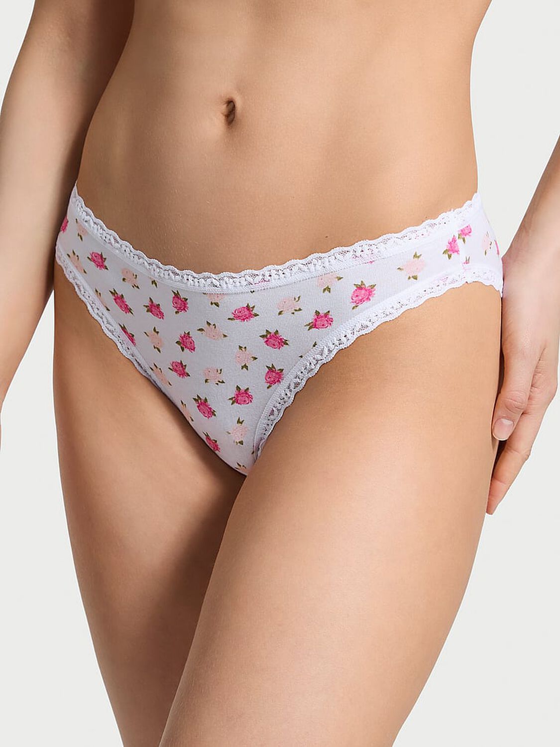 vs The Lacie Lace-Waist Bikini Panty White & Pink Peonies 1 of 3 