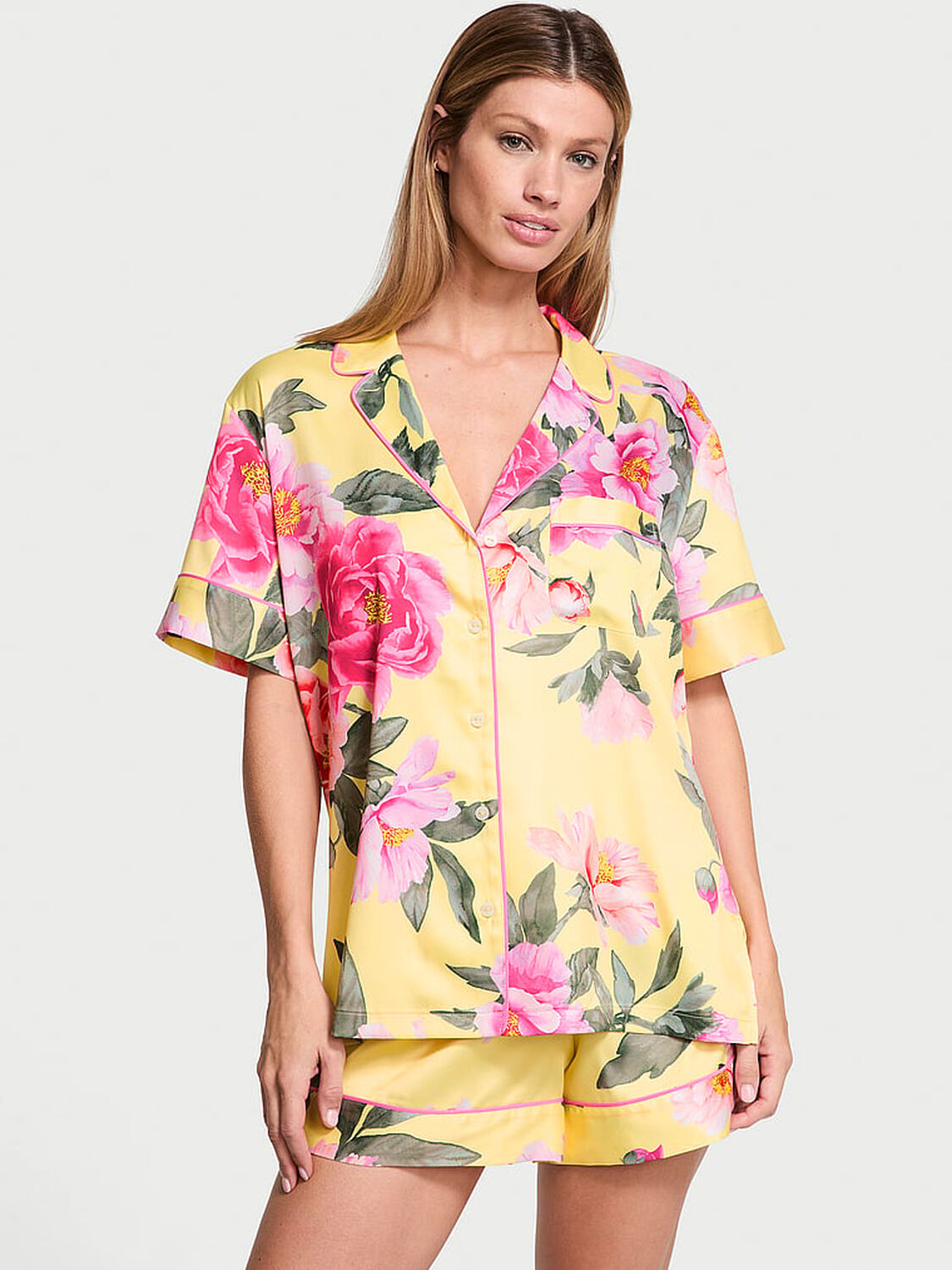 vs Victoria's Secret Glazed Satin Short Pajama Set Yellow Tulip W Floral Bouquet 1 of 4 