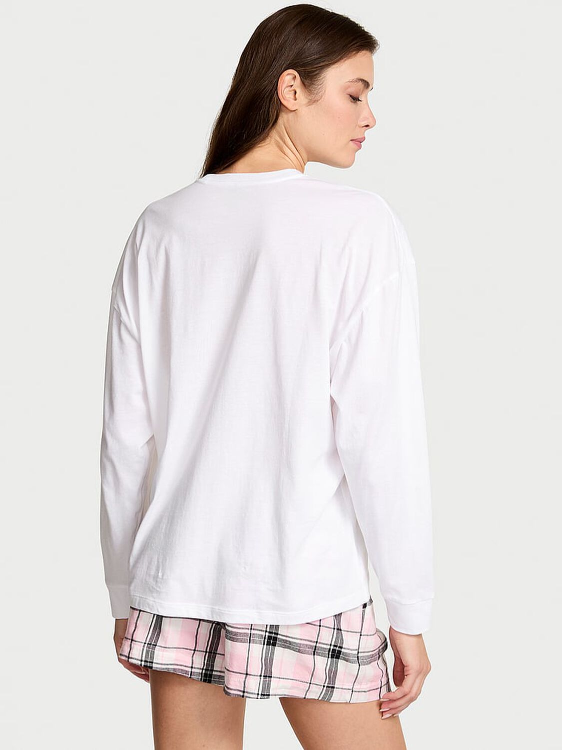 vs Victoria's Secret Flannel Long-Sleeve Short Tee-Jama Set Coconut White/Black Gold Lurex Stripe Yd 1 of 3 