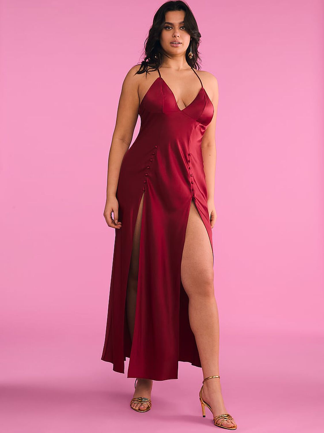 vs Victoria's Secret Satin Plunge High-Leg Long Slip Dress Red Lacquer 4 of 4 