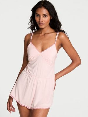 Modal Lace-Trim Bow Short Romper