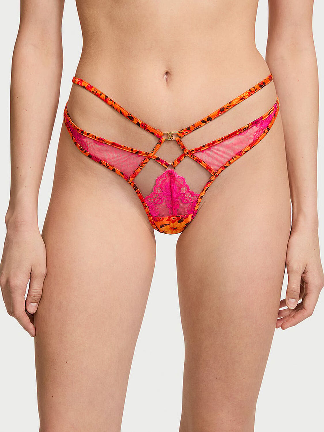 vs Very Sexy Tropical Satin Lace High-Leg Strappy Thong Panty Tropical Sunny Orange 1 of 4 