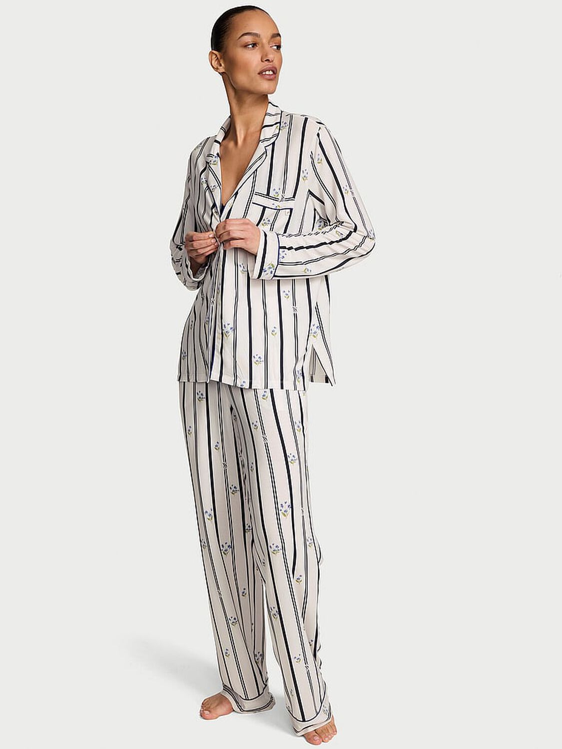 vs Victoria's Secret SoSoft&trade; Modal Long Pajama Set Coconut White Floral Stripes 1 of 4 