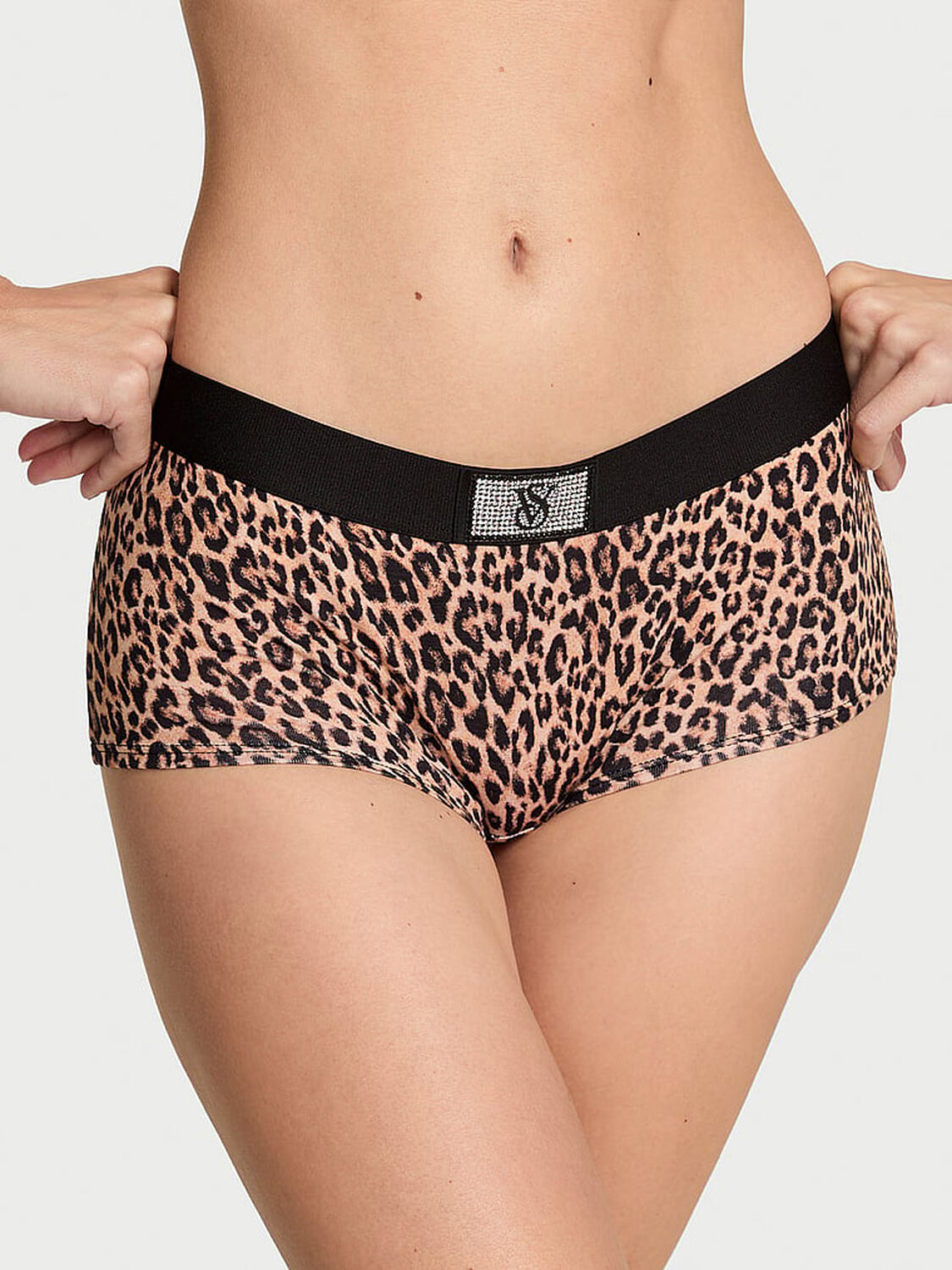 vs Cotton Logo Cotton Shine Patch Boyshort Panty Natural Leopard 1 of 2 