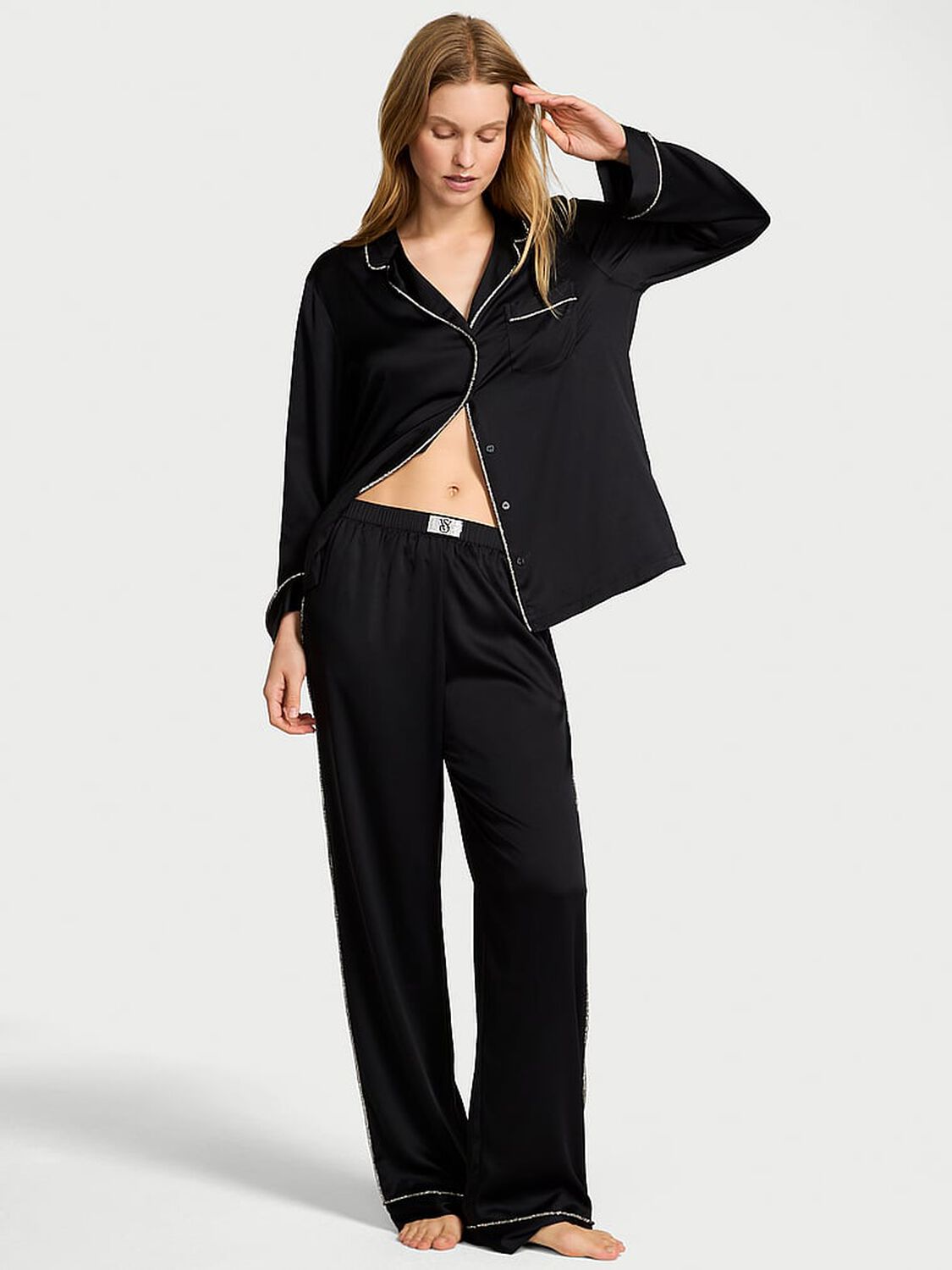 vs Victoria's Secret Glazed Satin Shine Long Pajama Set Pure Black 1 of 3 