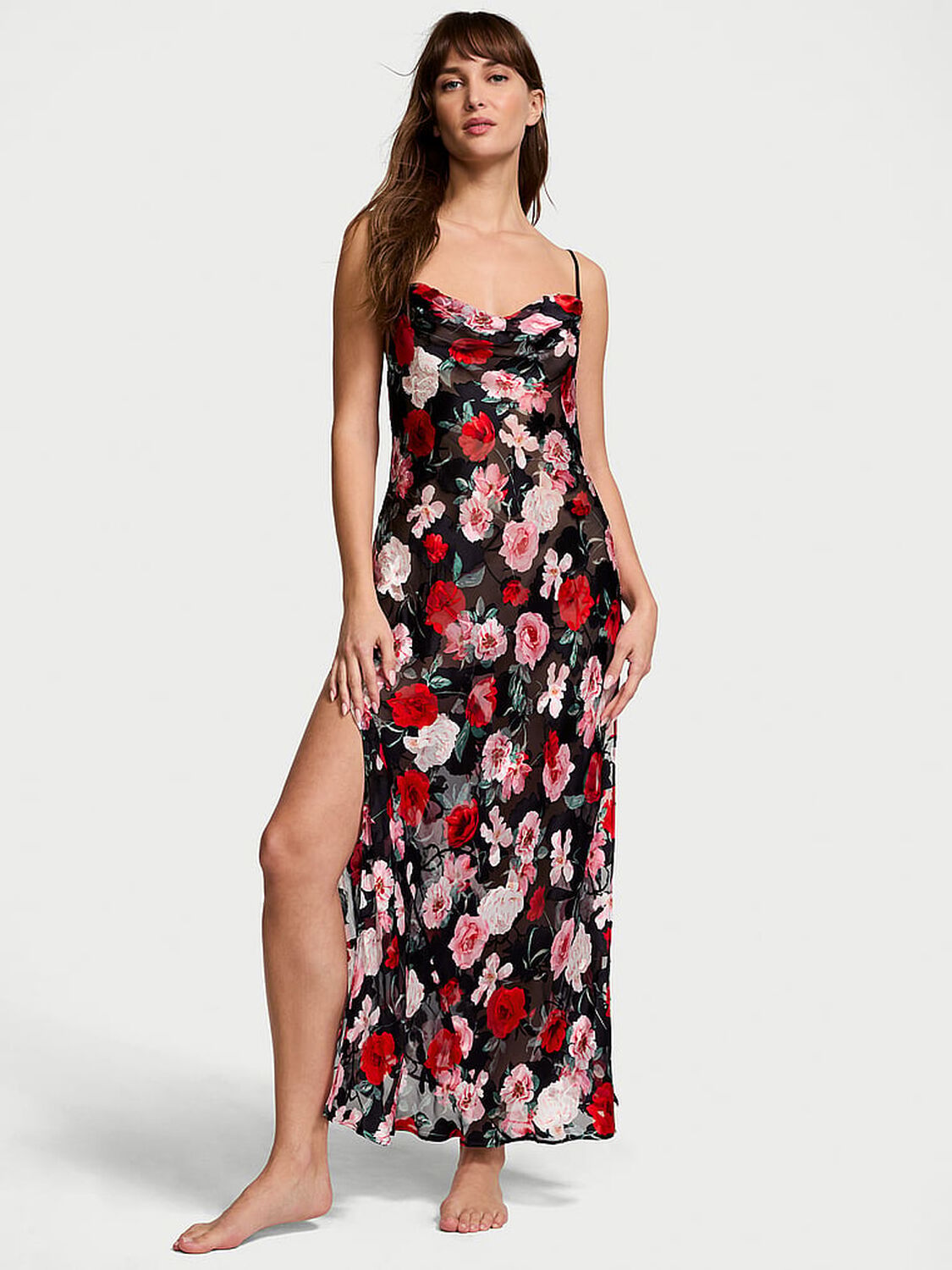 vs Victoria's Secret Atelier Victoria's Secret Noir Burnout Satin Plunge Gown Black Floral 1 of 3 