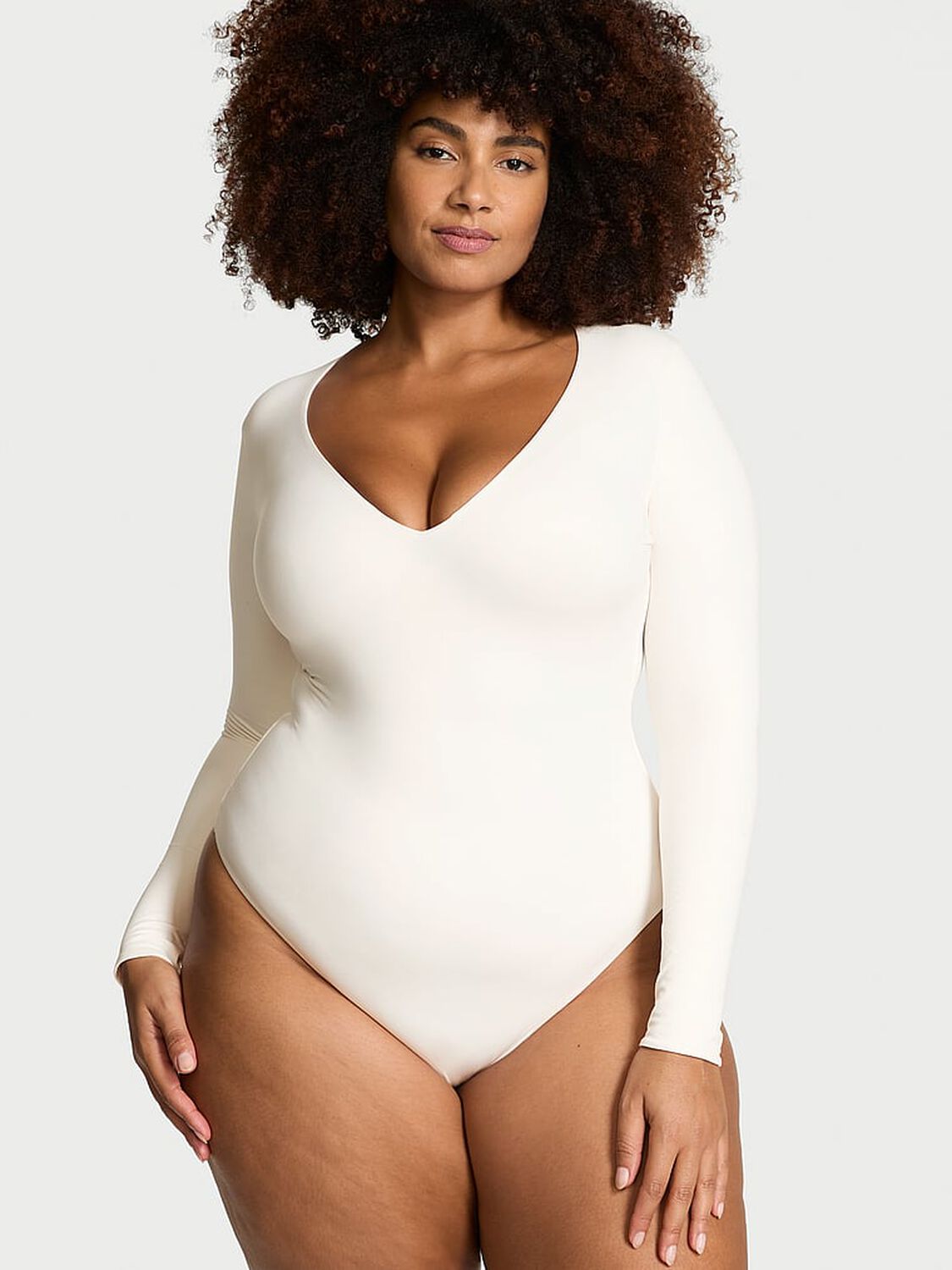 vs Vsx BODYWEAR by Victoria with FeatherSoft&trade; Innovation Long-Sleeve Bodysuit Coconut White 1 of 4 