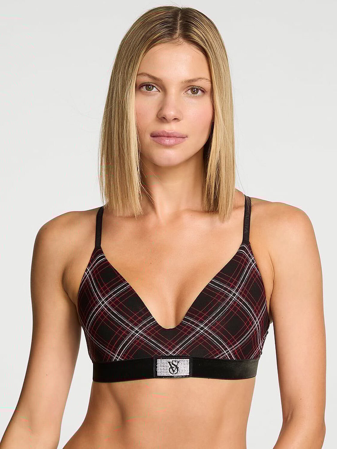 vs The T-Shirt Shine Patch Velvet Lightly Lined Wireless Bra Black Plaid 1 of 2 