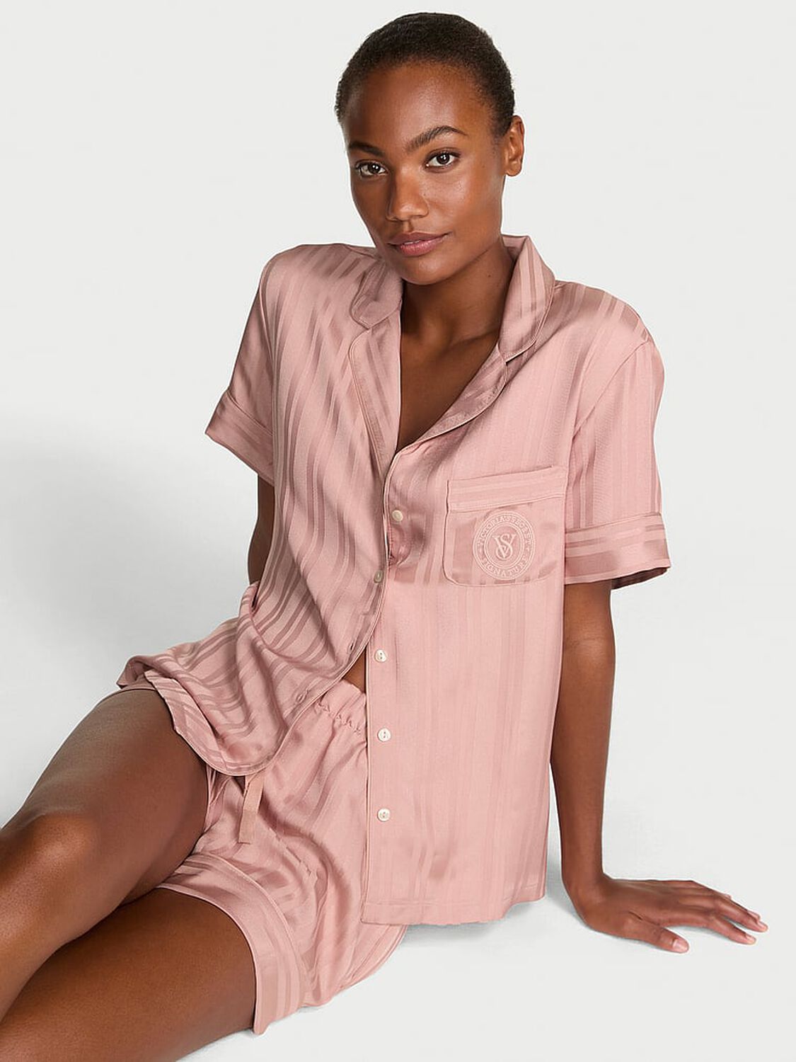 vs Victoria's Secret Glazed Satin Short Pajama Set Royal Pink 1 of 3 
