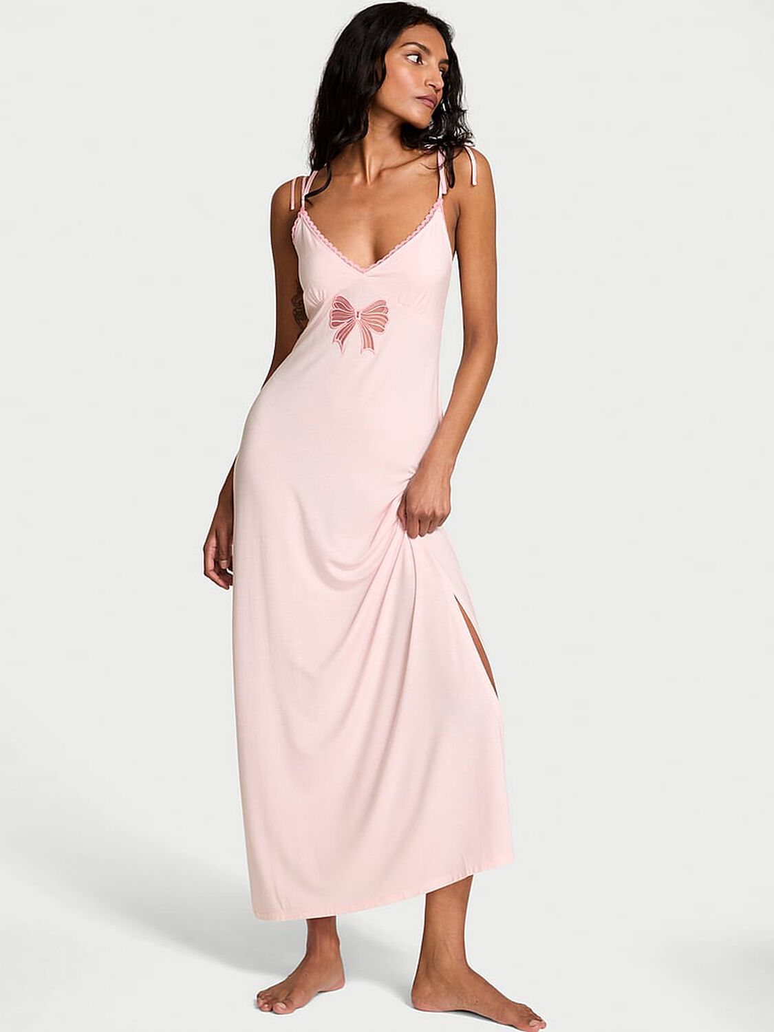 vs Victoria's Secret Modal Lace-Trim Bow Maxi Slip Dress Angel Pink 1 of 2 