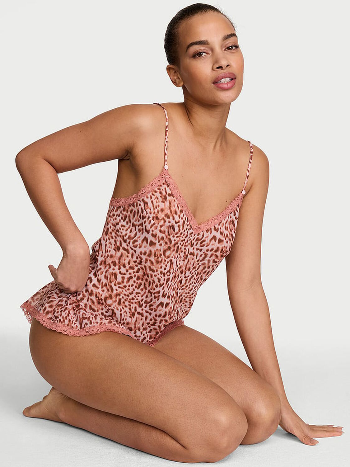 vs Dream Angels Leopard Chiffon Lace-Trim Cami & Flutter Shorts Set Angel Pink Leopard 1 of 3 