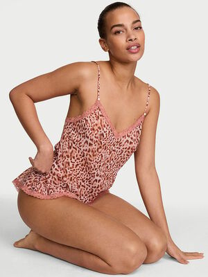 Leopard Chiffon Lace-Trim Cami & Flutter Shorts Set