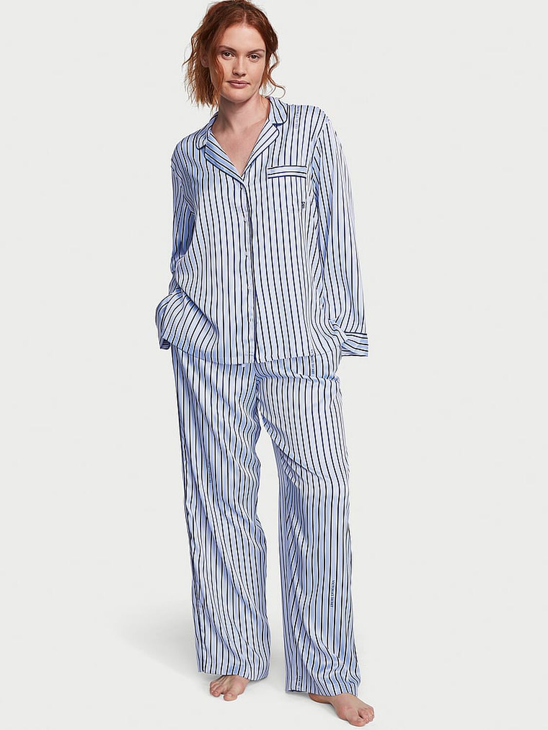 vs Victoria's Secret Satin Long Pajama Set Blue Crescent Stripes 1 of 4 