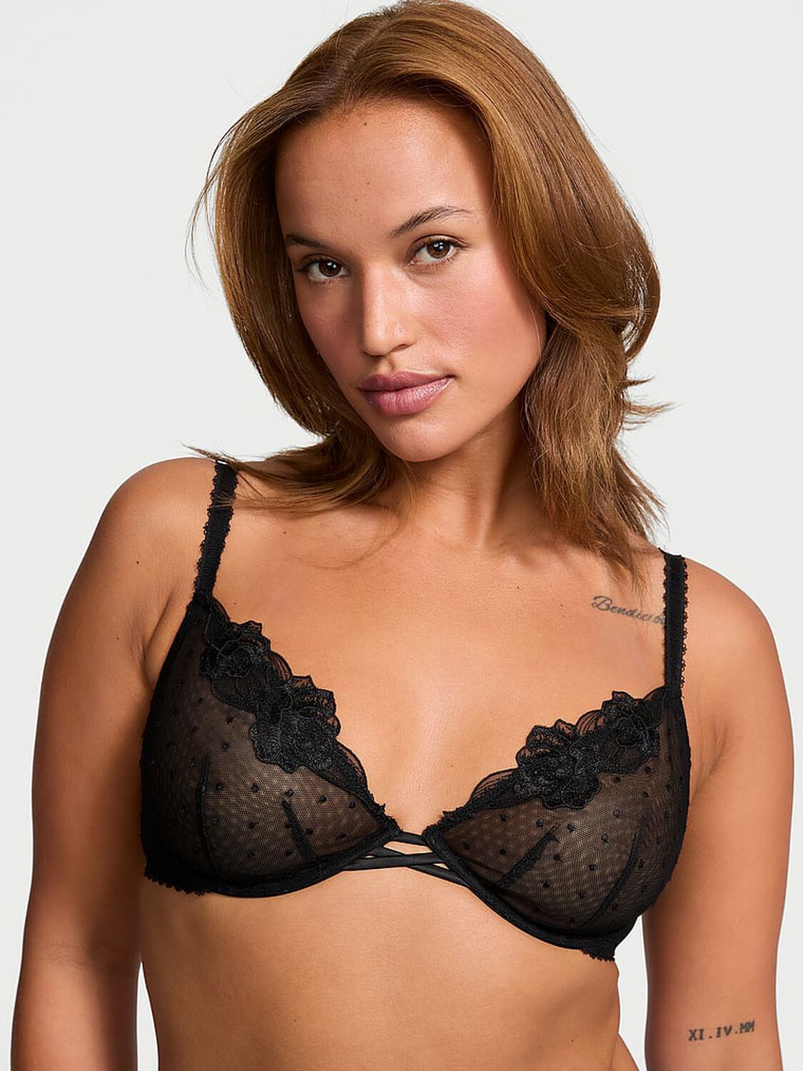 vs Very Sexy Sheer Rose Unlined Low-Cut Demi Bra Black 1 of 4 