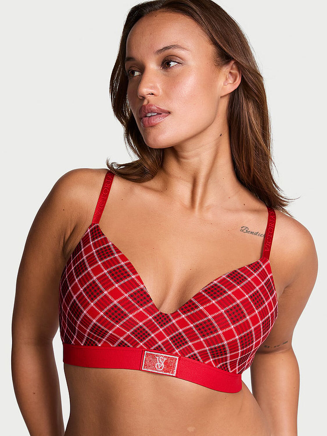 vs The T-Shirt Shine Patch Lightly Lined Wireless Bra Lipstick Plaid 1 of 4 