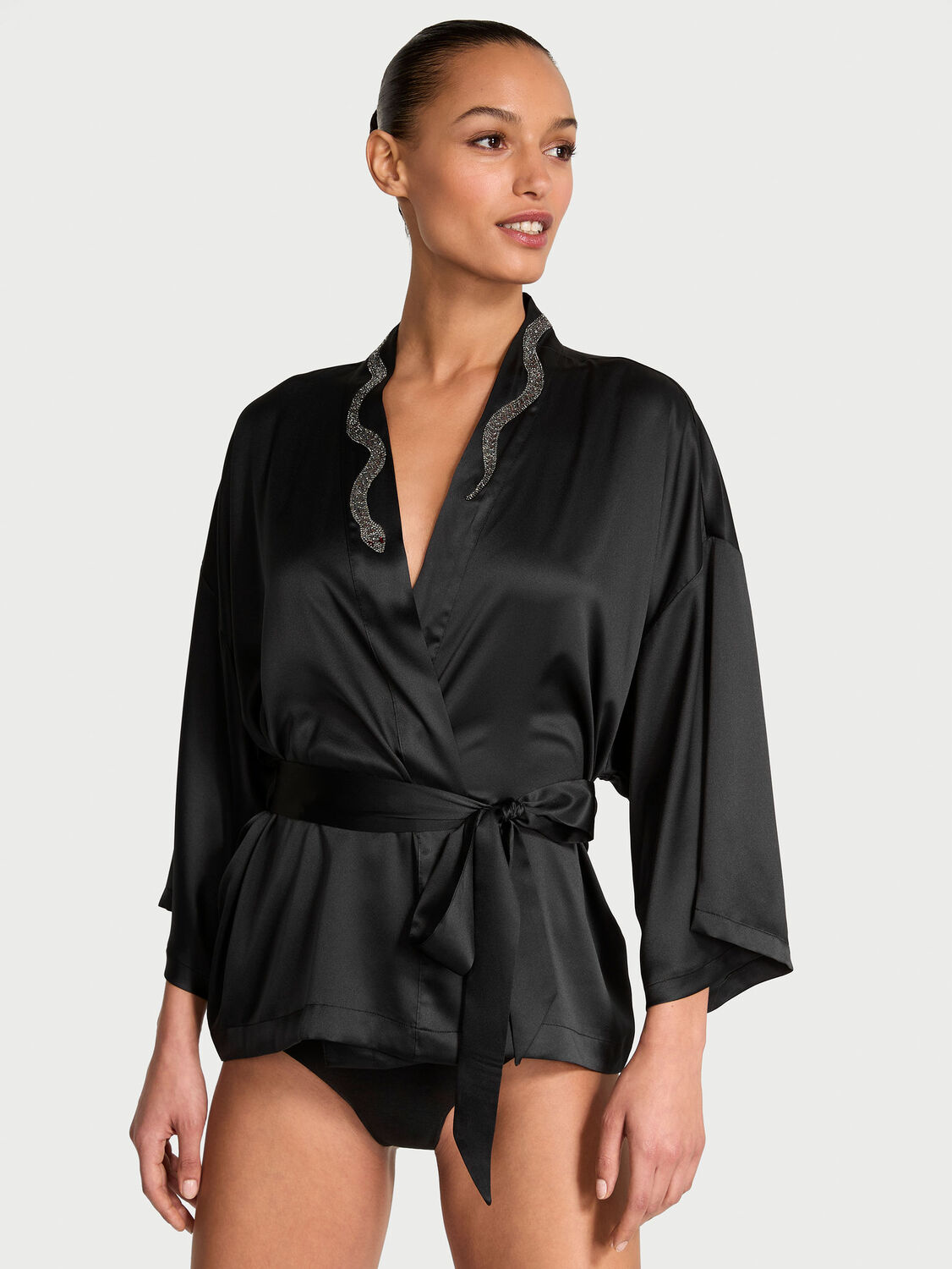 vs Victoria's Secret Red Rose Satin Bed Jacket Black 1 of 4 