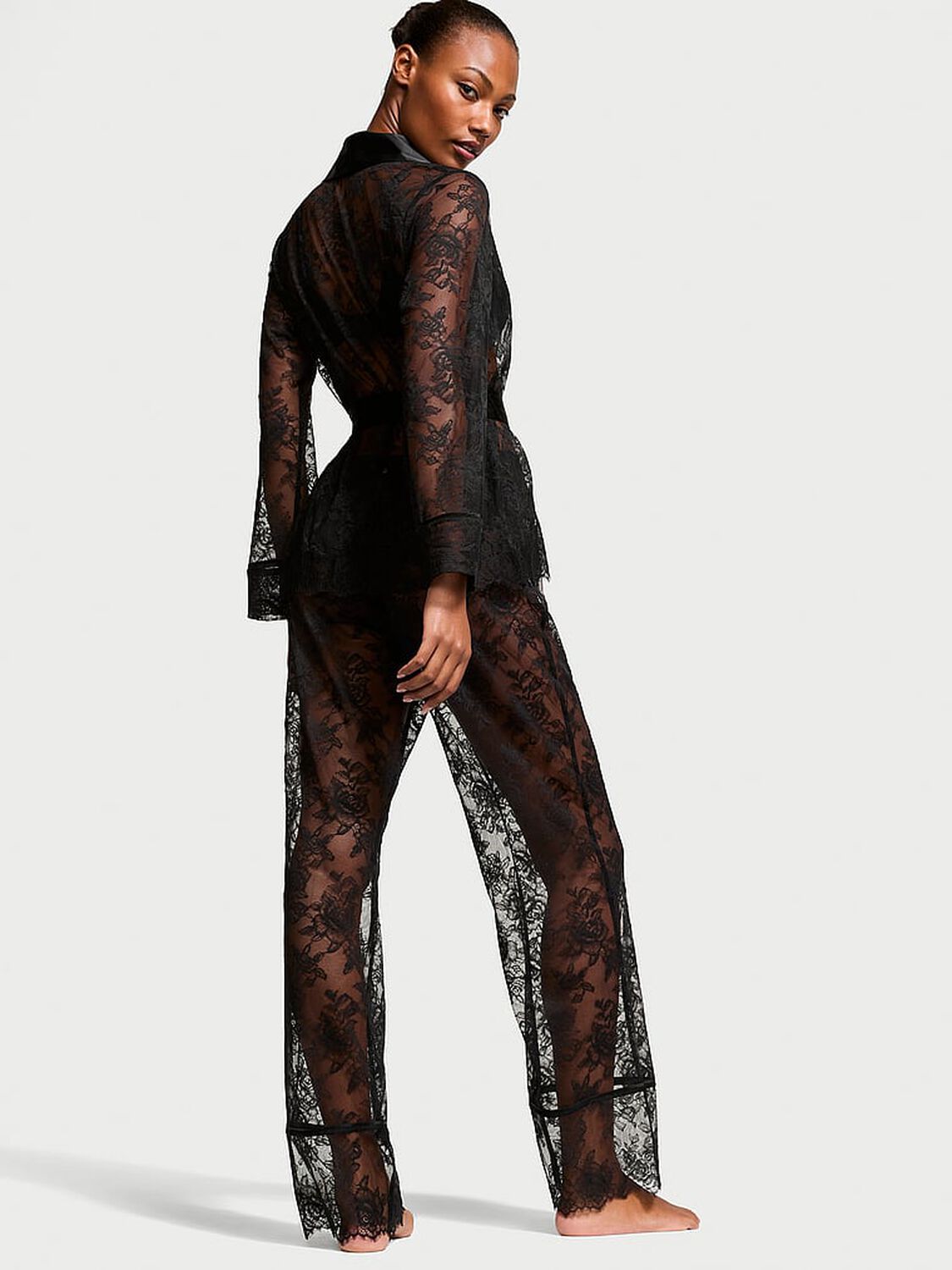 vs Victoria's Secret Rose Lace Long Pajama Set Black 2 of 3 