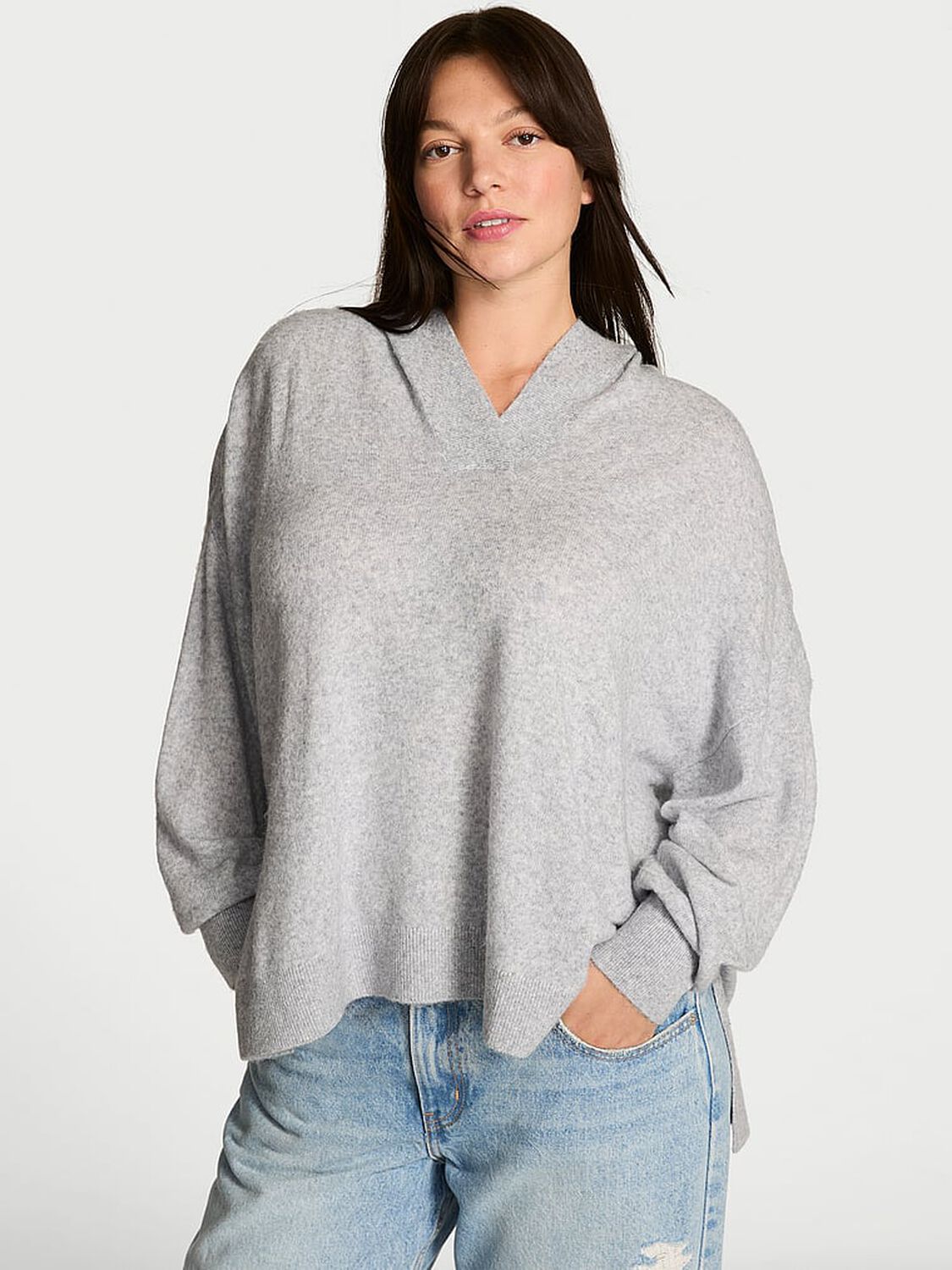 vs Victoria's Secret Luxe Knit V-Neck Hoodie Sweater Medium Heather Grey 1 of 3 
