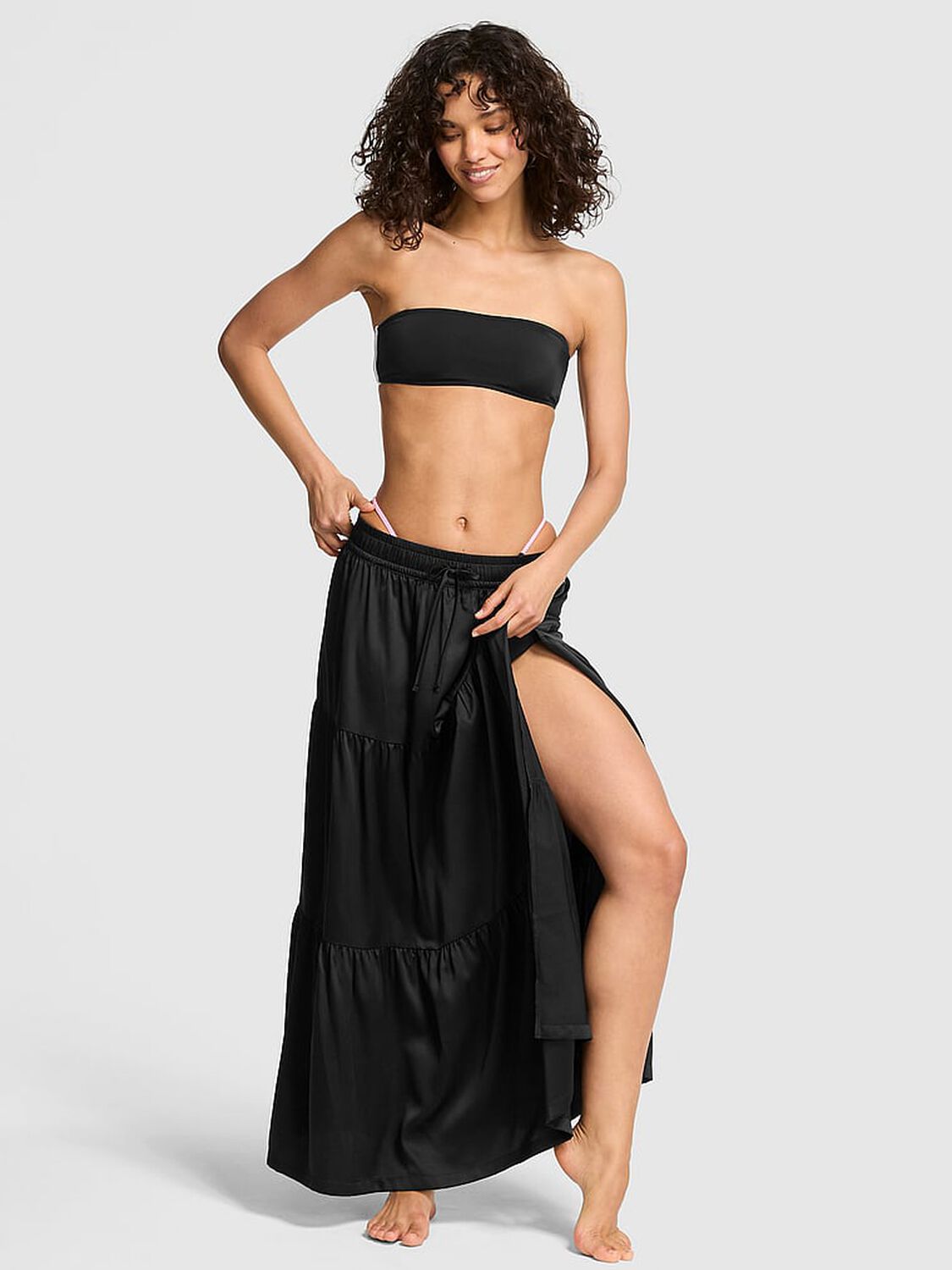 vs Pink Satin Tiered Maxi Skirt Black 1 of 3 