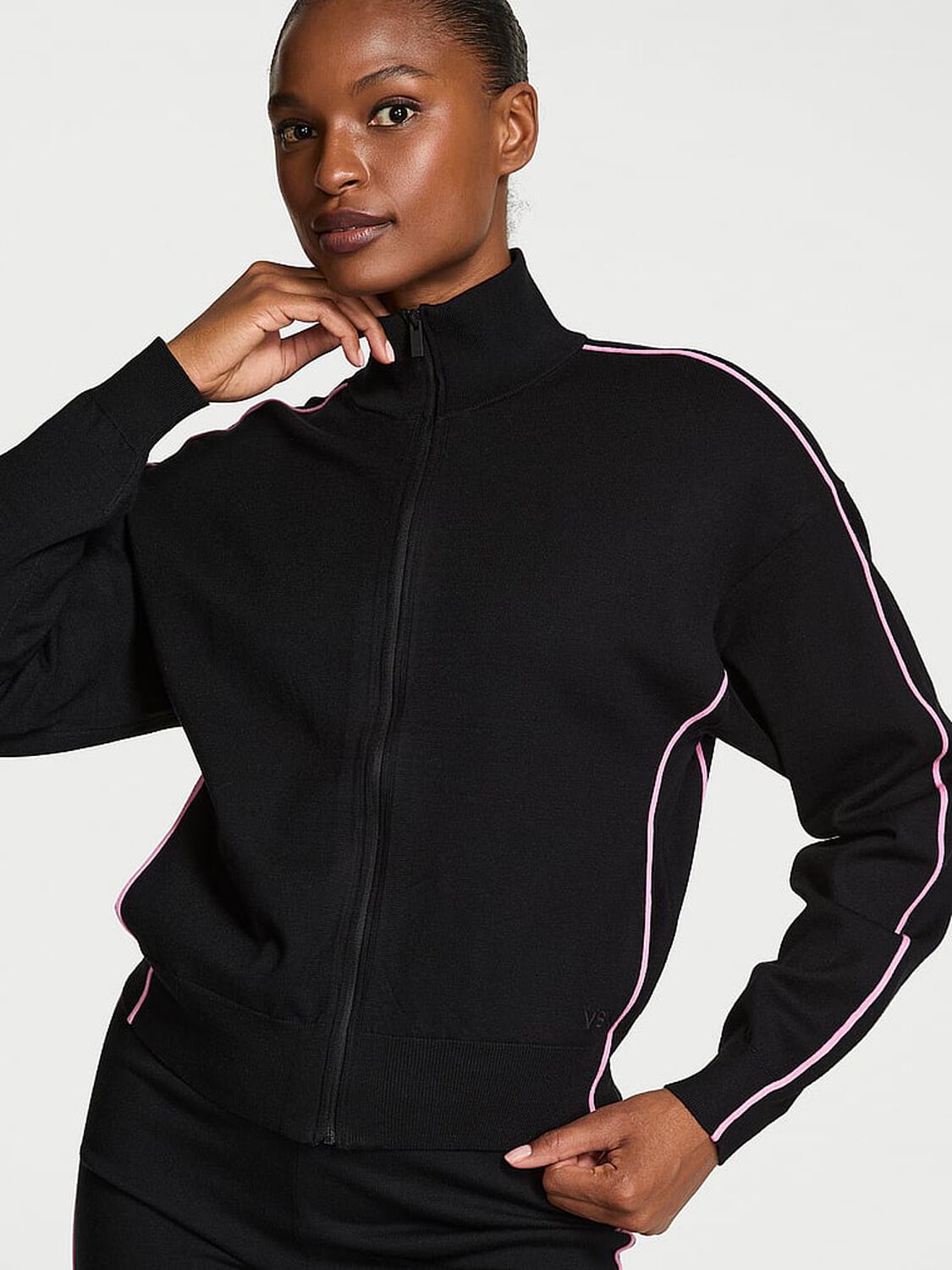 vs Vsx Tipped Knit Full-Zip Sweater Black & Pink 1 of 4 