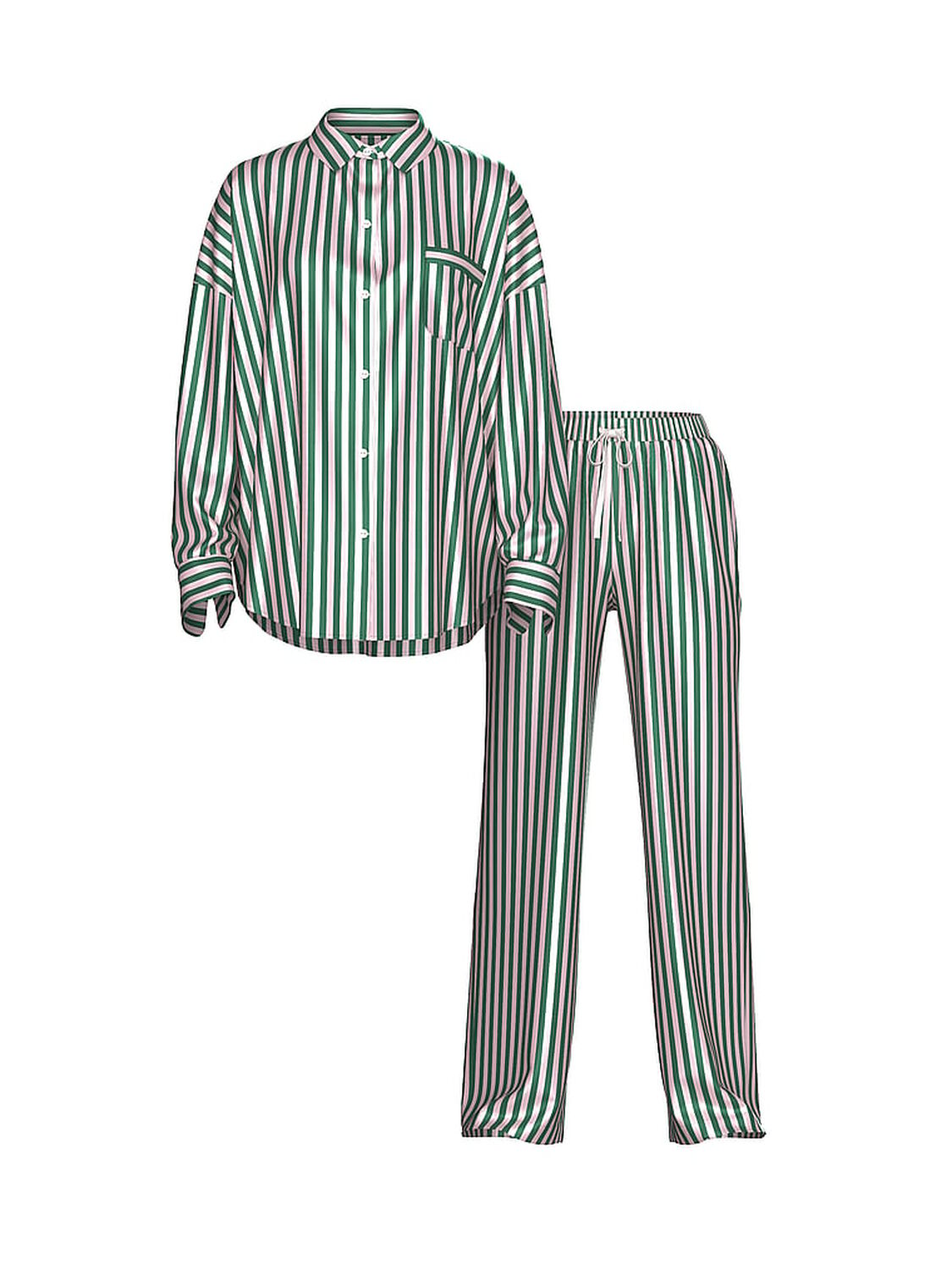 vs Victoria's Secret Signature Satin Oversized Long Pajama Set Prettiest Pine & Angel Pink Stripes 3 of 3 